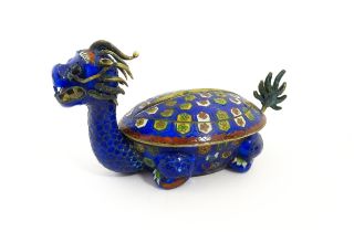 A Chinese cloisonne pot and cover modelled as a Dragon Turtle mythical creature. Approx. 5 1/4" long