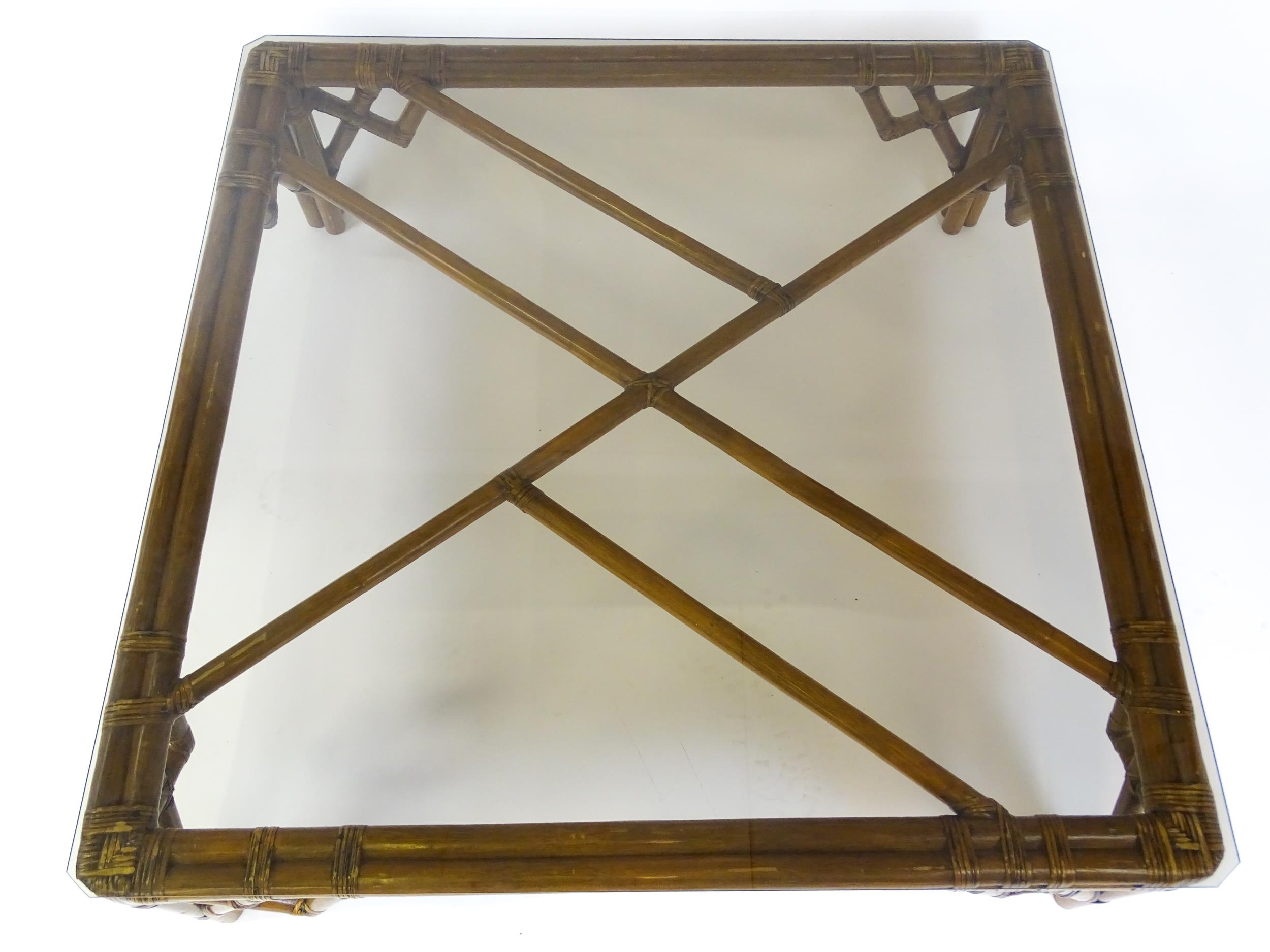 A late 20thC bamboo style glass topped coffee table. 48" wide x 48" deep x 15" high. Please Note - - Image 8 of 10