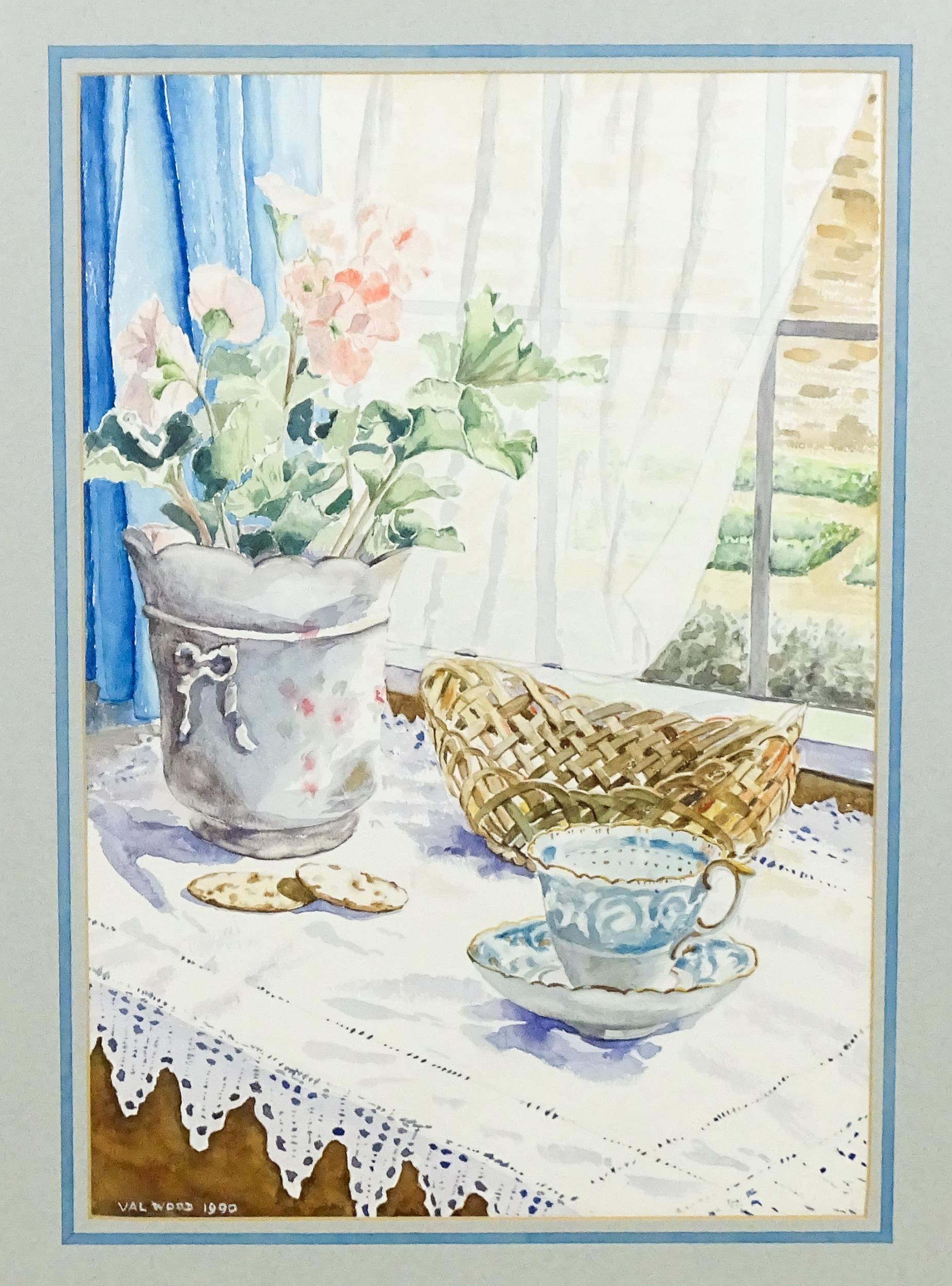 Val Wood, Late 20th century, Watercolour, A still life study of a cup and saucer, woven basket and - Image 3 of 4