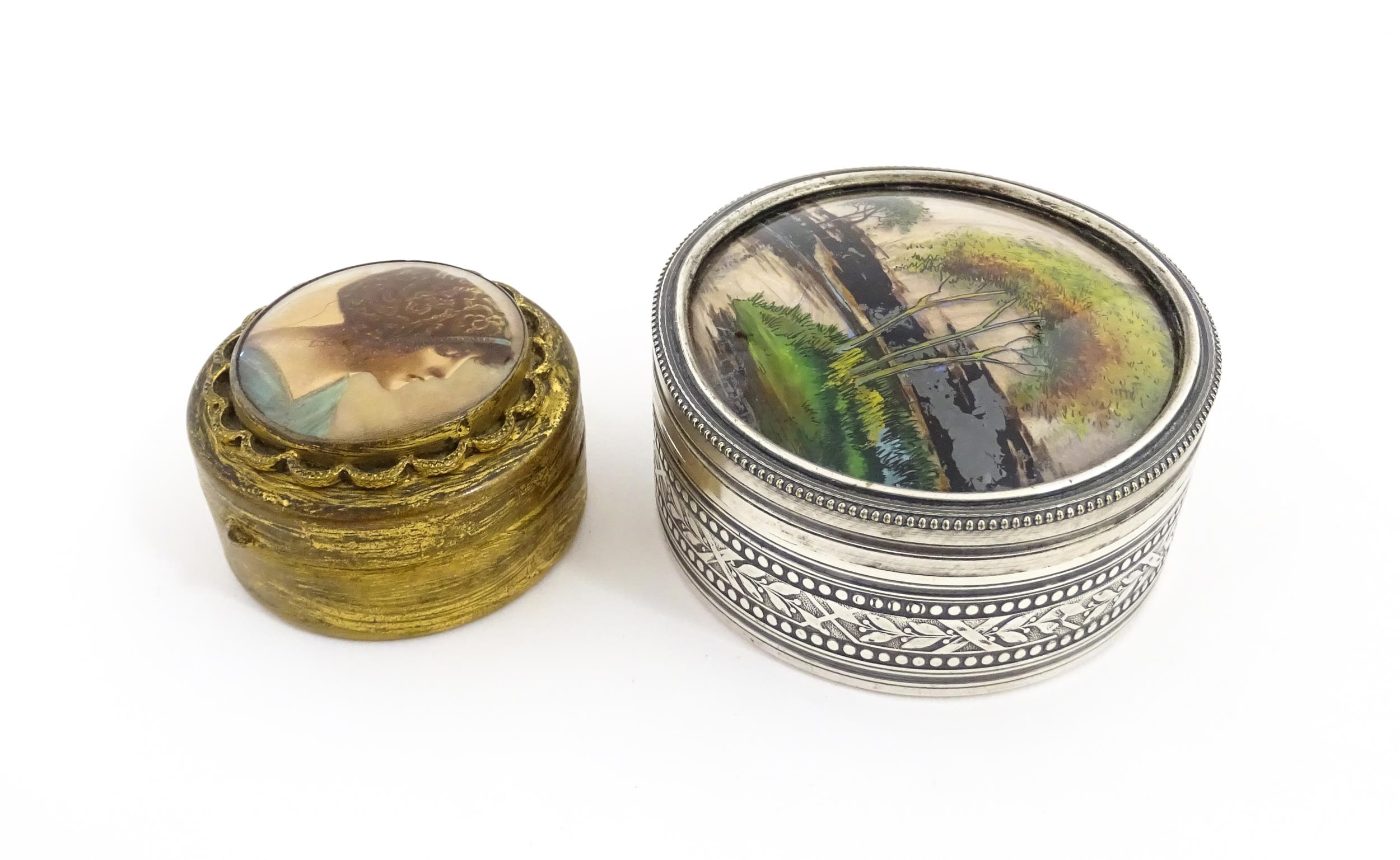 A 20thC silver plate pot and cover of circular form, the lid decorated with trees and river scene - Image 5 of 7