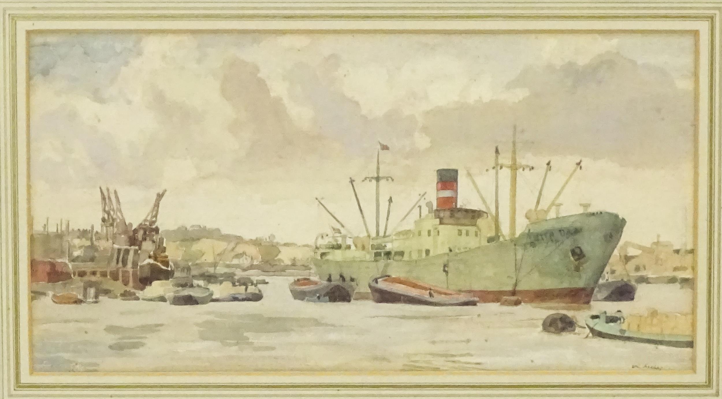 Eric John Archer (1920-1985), Watercolour, The River Medway at Rochester, with ships and boats. - Image 3 of 4