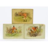 C. E. Brock, 19th century, Watercolours on card, Three humorous hunting cartoons titled Gentle