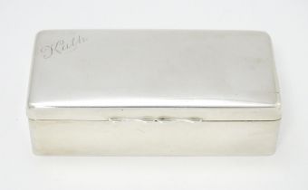 A silver box engraved Kath, hallmarked Birmingham 1923, maker A. &. J. Zimmerman. Approx. 4" x 2"