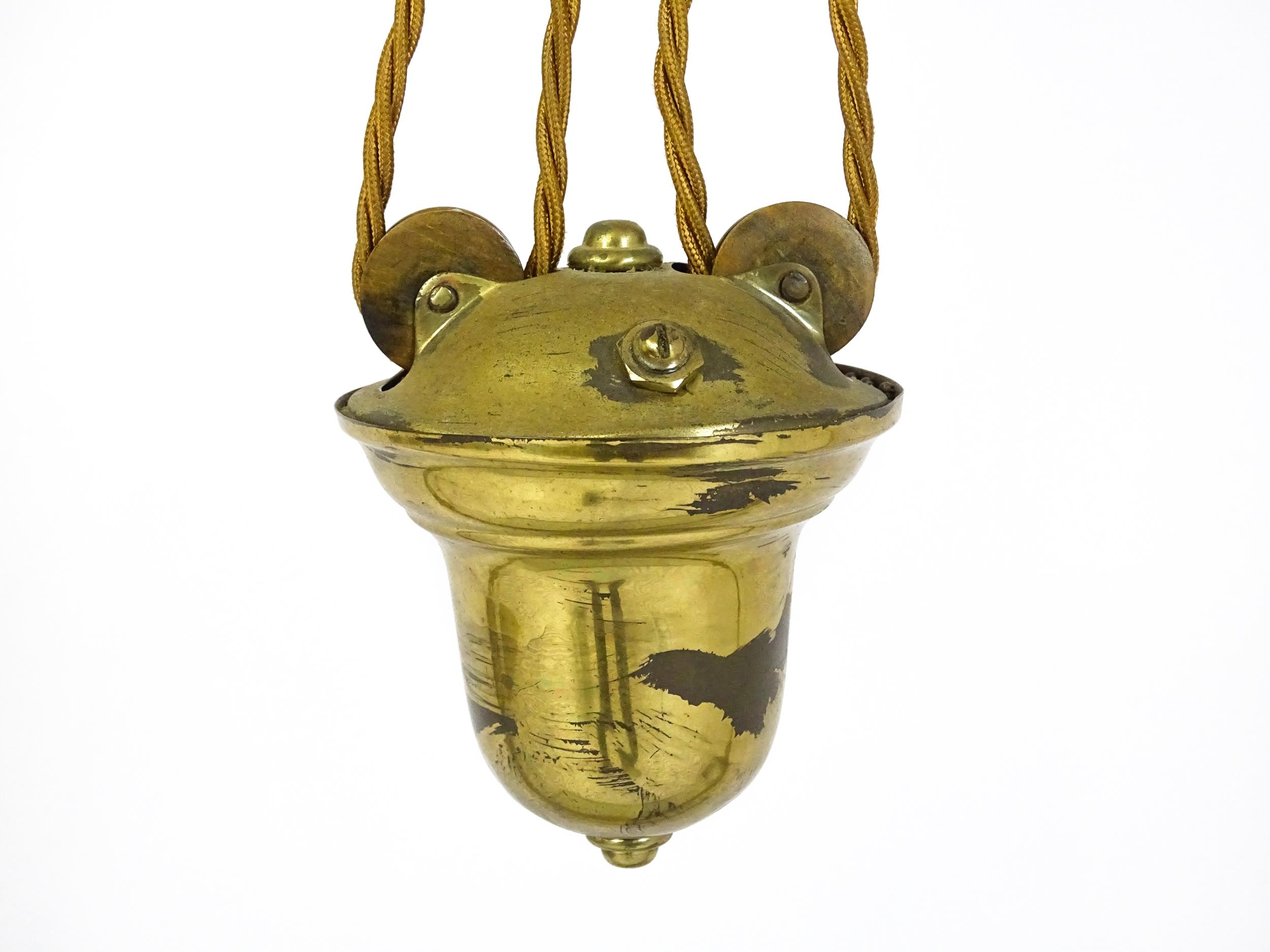 An early 20thC rise and fall adjustable height pendant light with with brass detail and twin frosted - Image 5 of 10