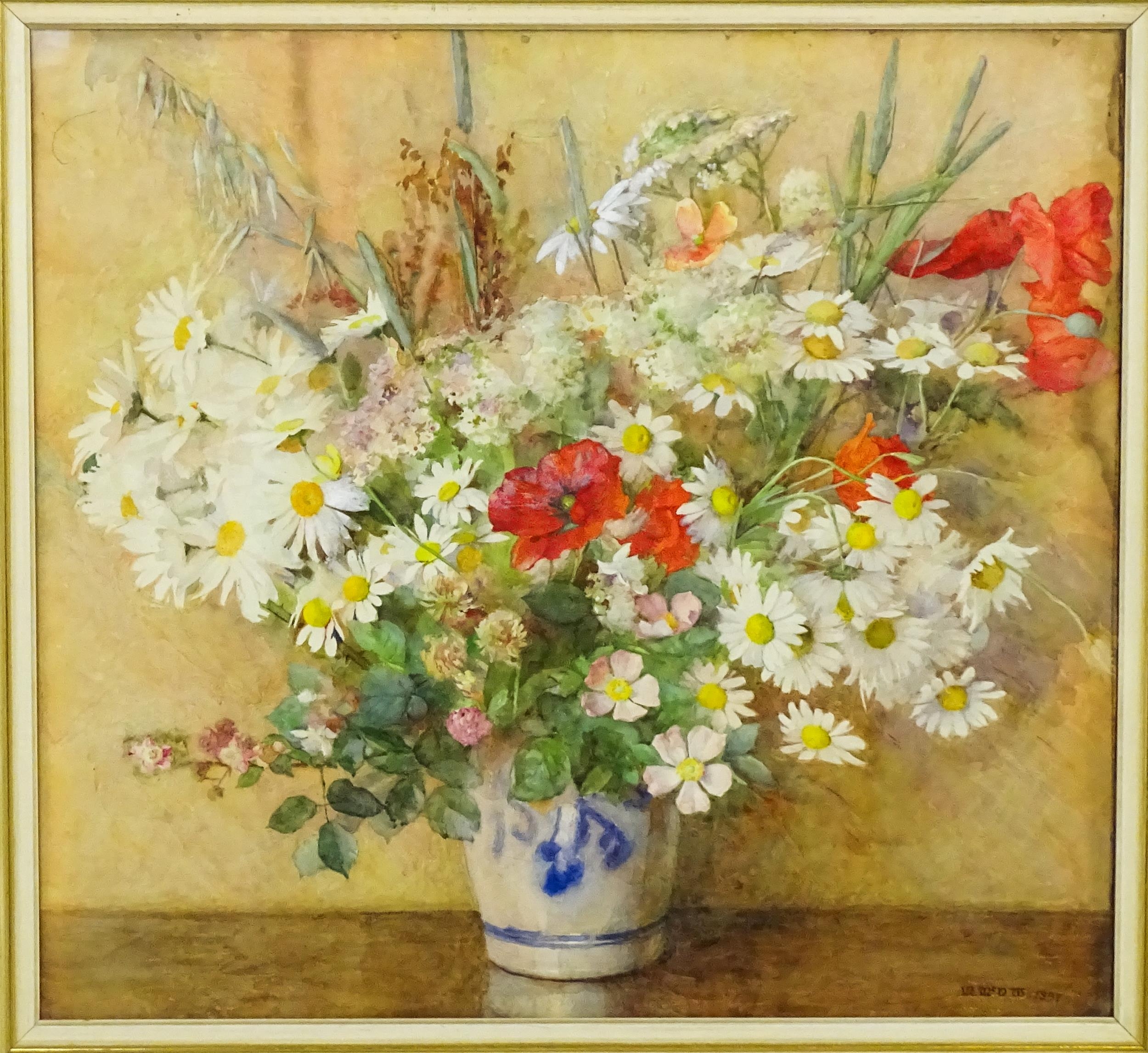 19th century, Watercolour, A still life study with flowers and foliage in a blue and white vase to - Image 2 of 4