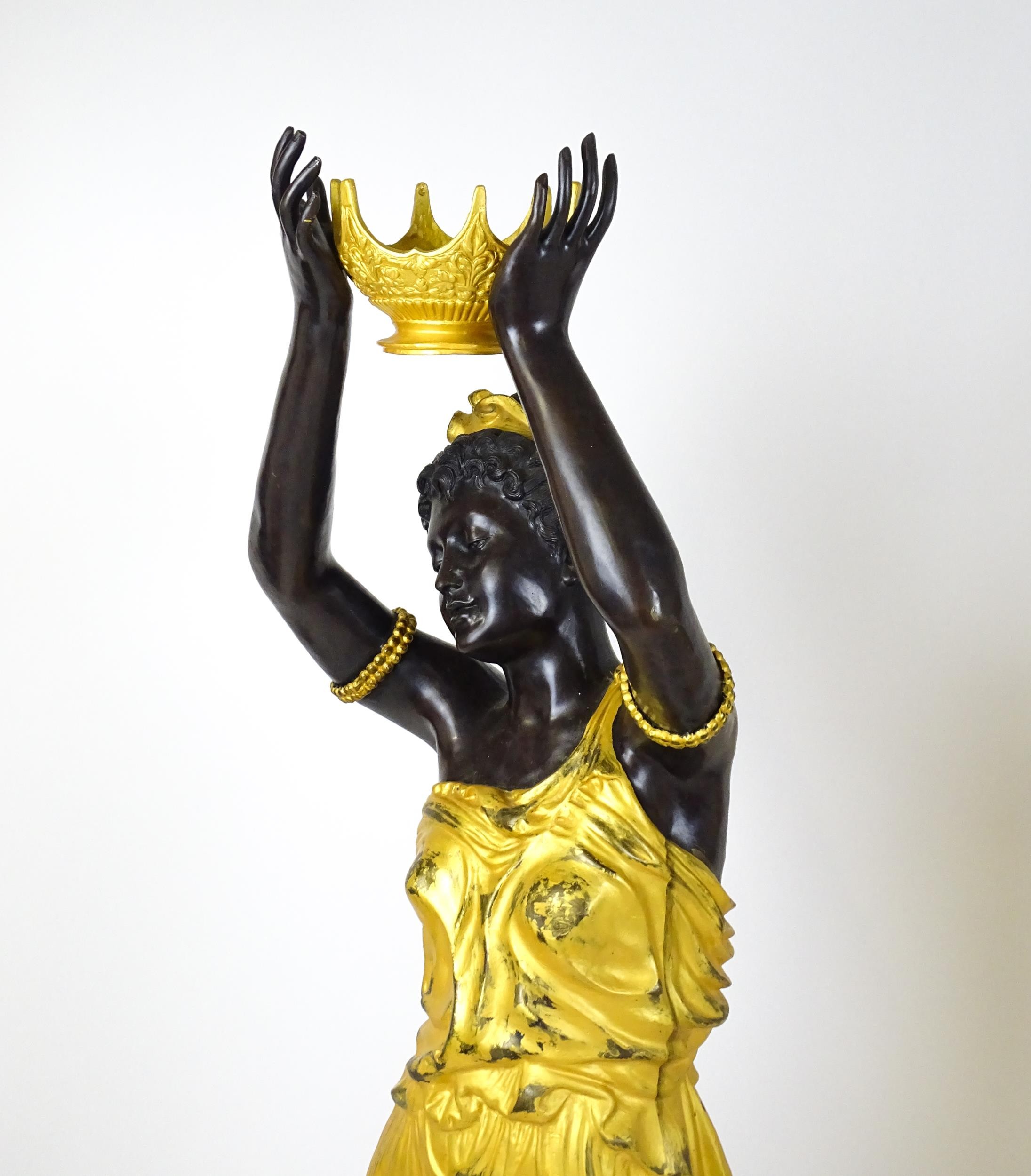 A pair of large cast bronze female blackamoor torcheres with gilt detail, raised on marble - Image 11 of 15