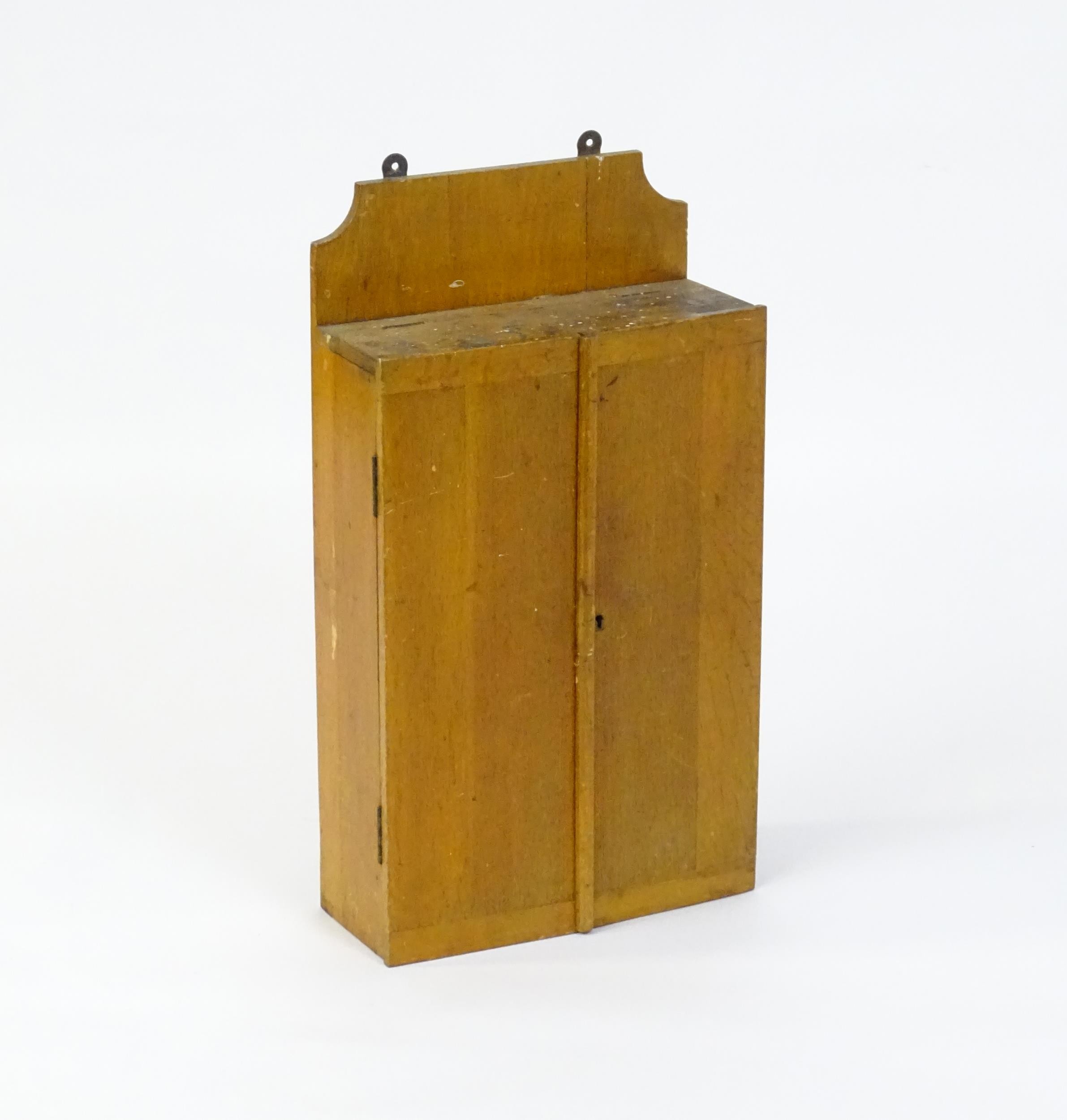 An early / mid 20thC wall hanging work box , containing carpentry / woodworking tools to include - Image 2 of 4