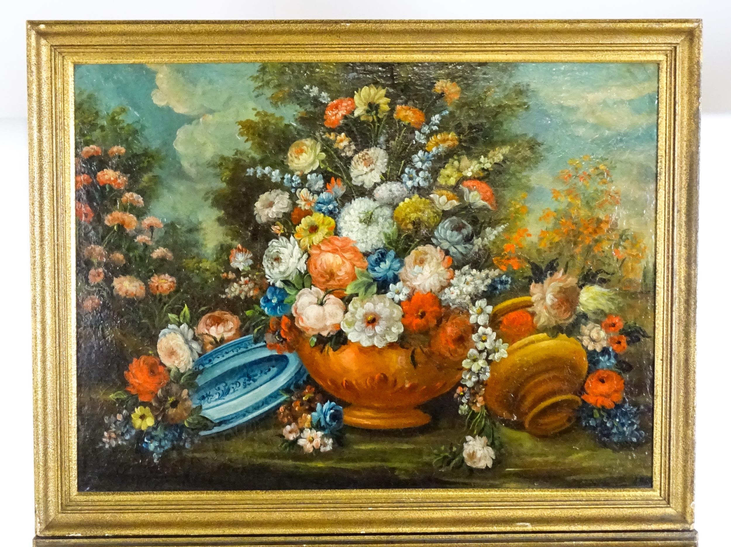 19th century, Oil on canvas, Two still life studies with blooming flowers in urn style vases and - Image 4 of 4