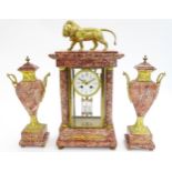 A 19thC French Three-Piece Clock Garniture, by Marti, having a white dial with floral garland swags,