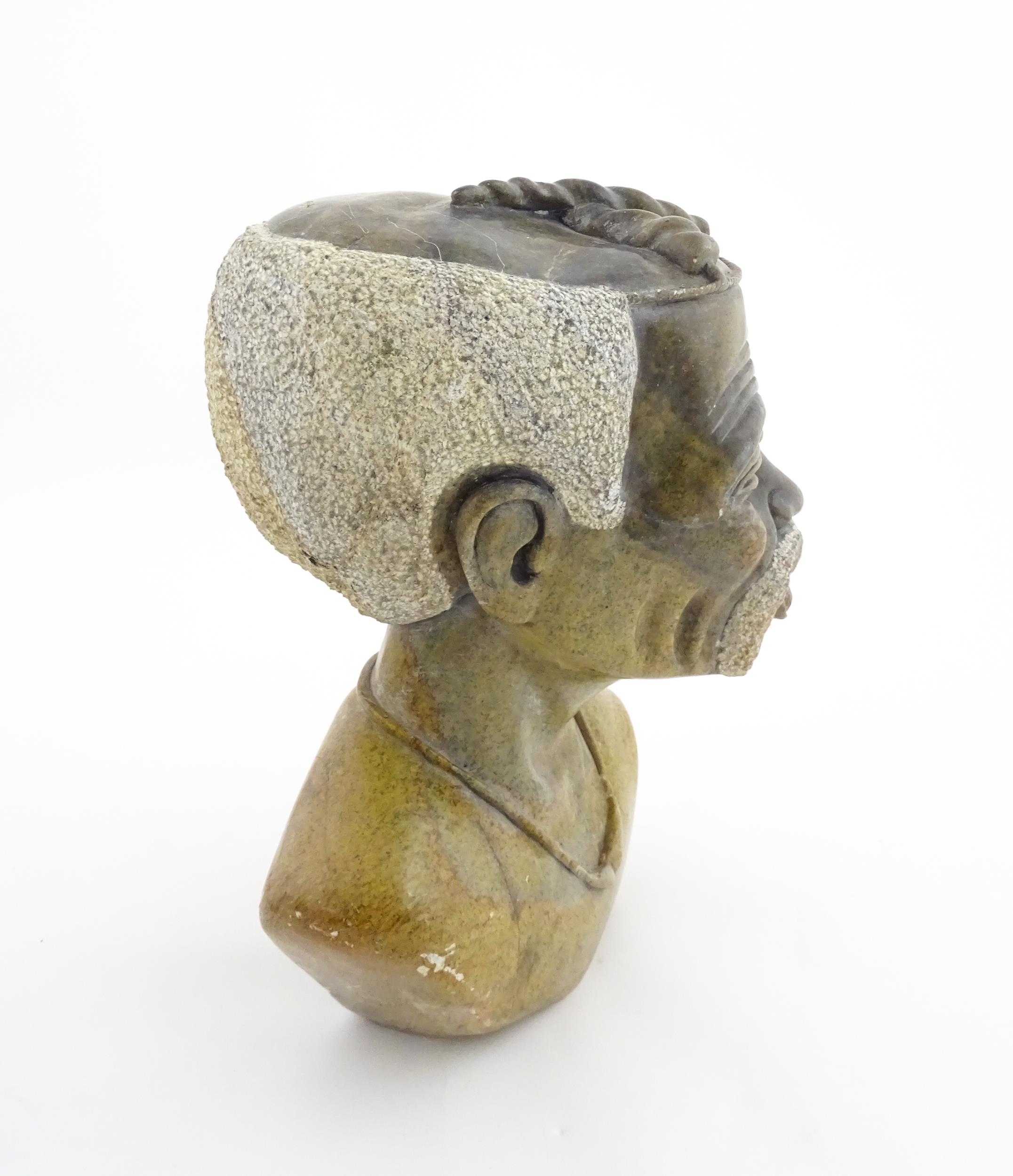 Ethnographic / Native / Tribal : An African carved soapstone bust modelled as a man with a - Image 5 of 9