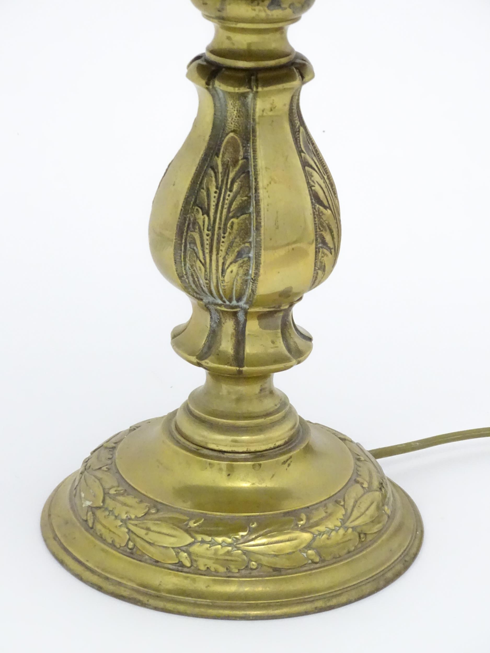 A 20thC brass table lamp with foliate detail and brass domed shade. Approx. 17" high Please Note - - Image 8 of 15