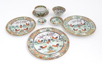 A quantity of Chinese famille verte wares decorated with cockerels / roosters, flowers, tree