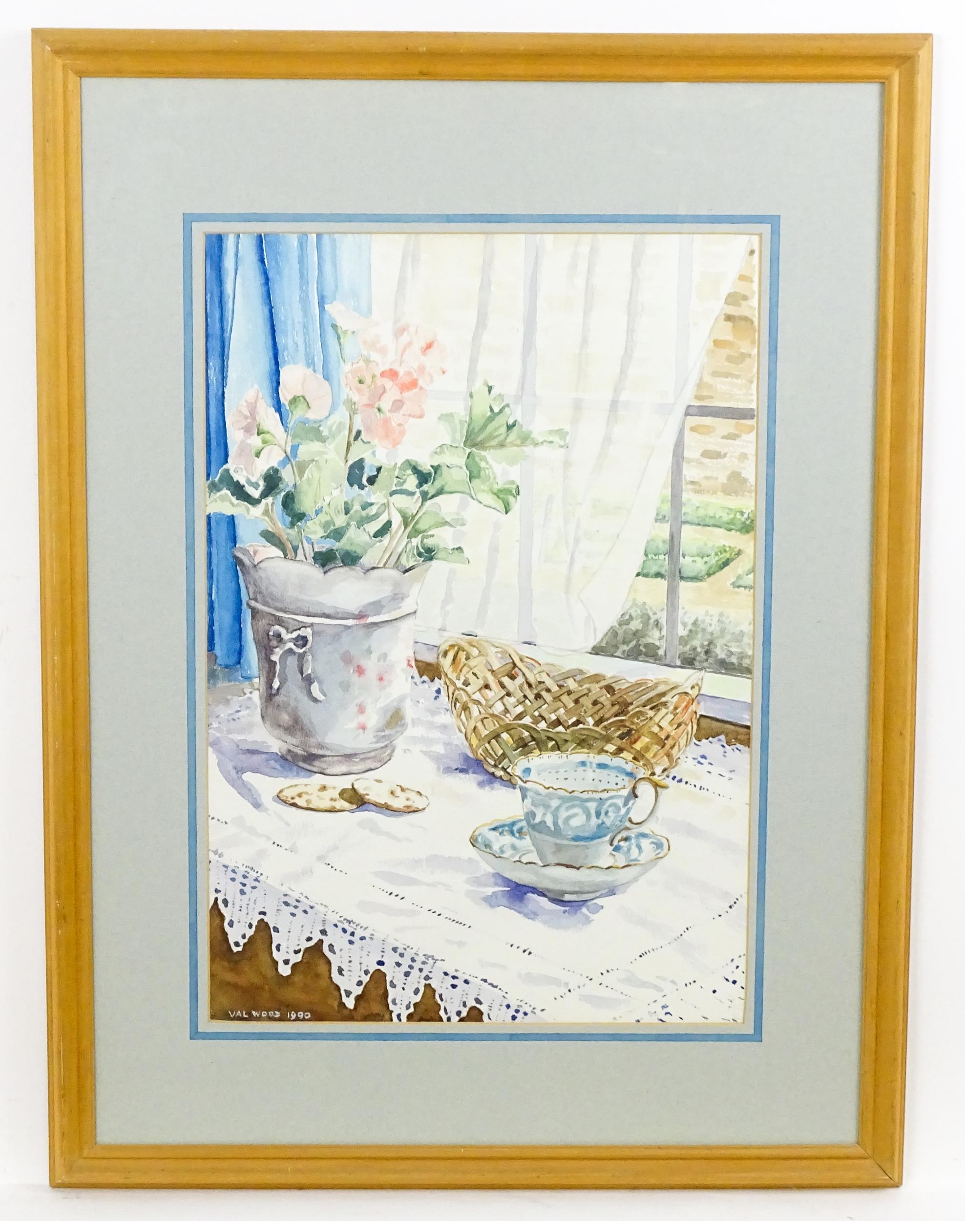 Val Wood, Late 20th century, Watercolour, A still life study of a cup and saucer, woven basket and