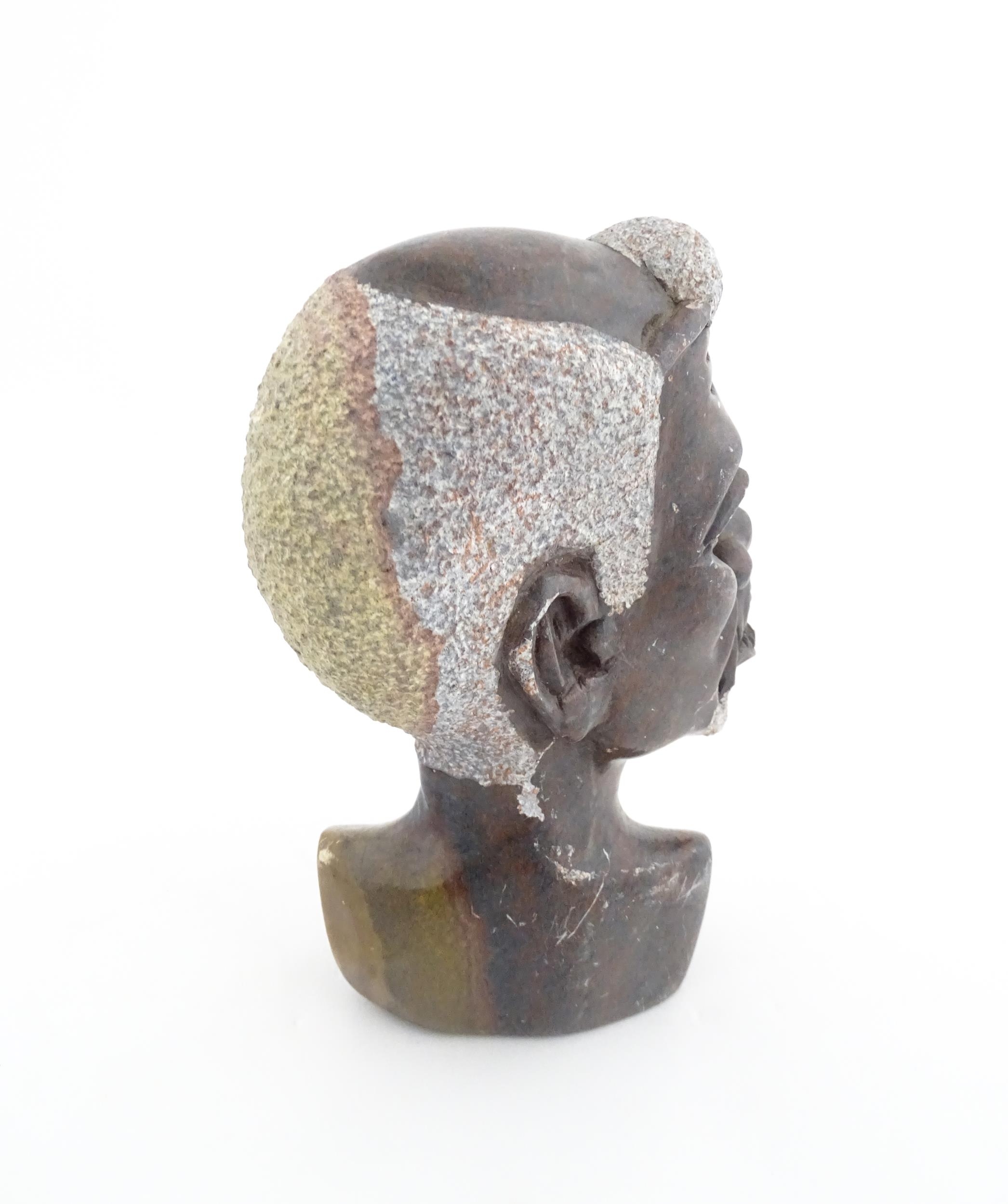Ethnographic / Native / Tribal : An African carved soapstone bust modelled as the head of a - Image 4 of 7