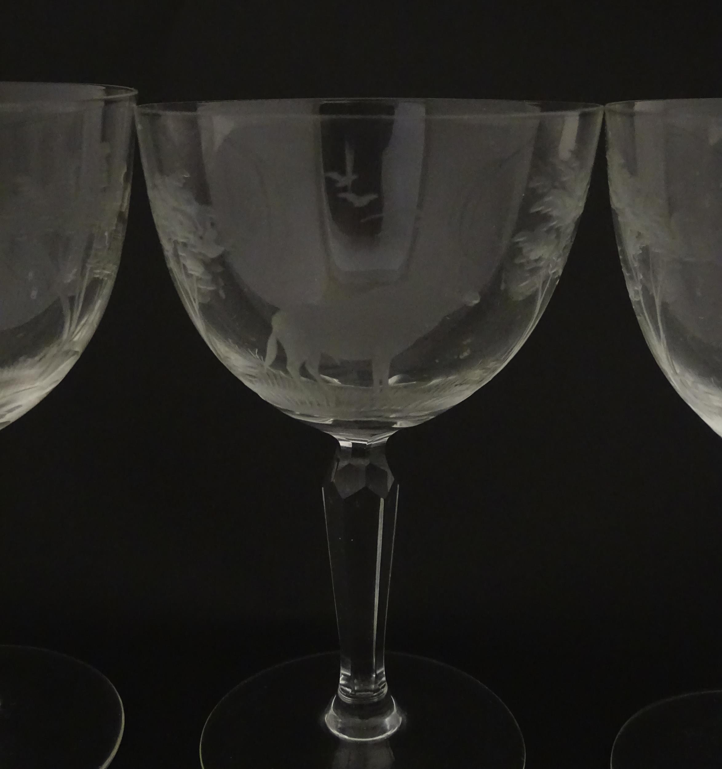 Six Rowland Ward wine glasses with engraved Safari animal detail. Unsigned. Approx. 5 1/2" high ( - Image 8 of 15