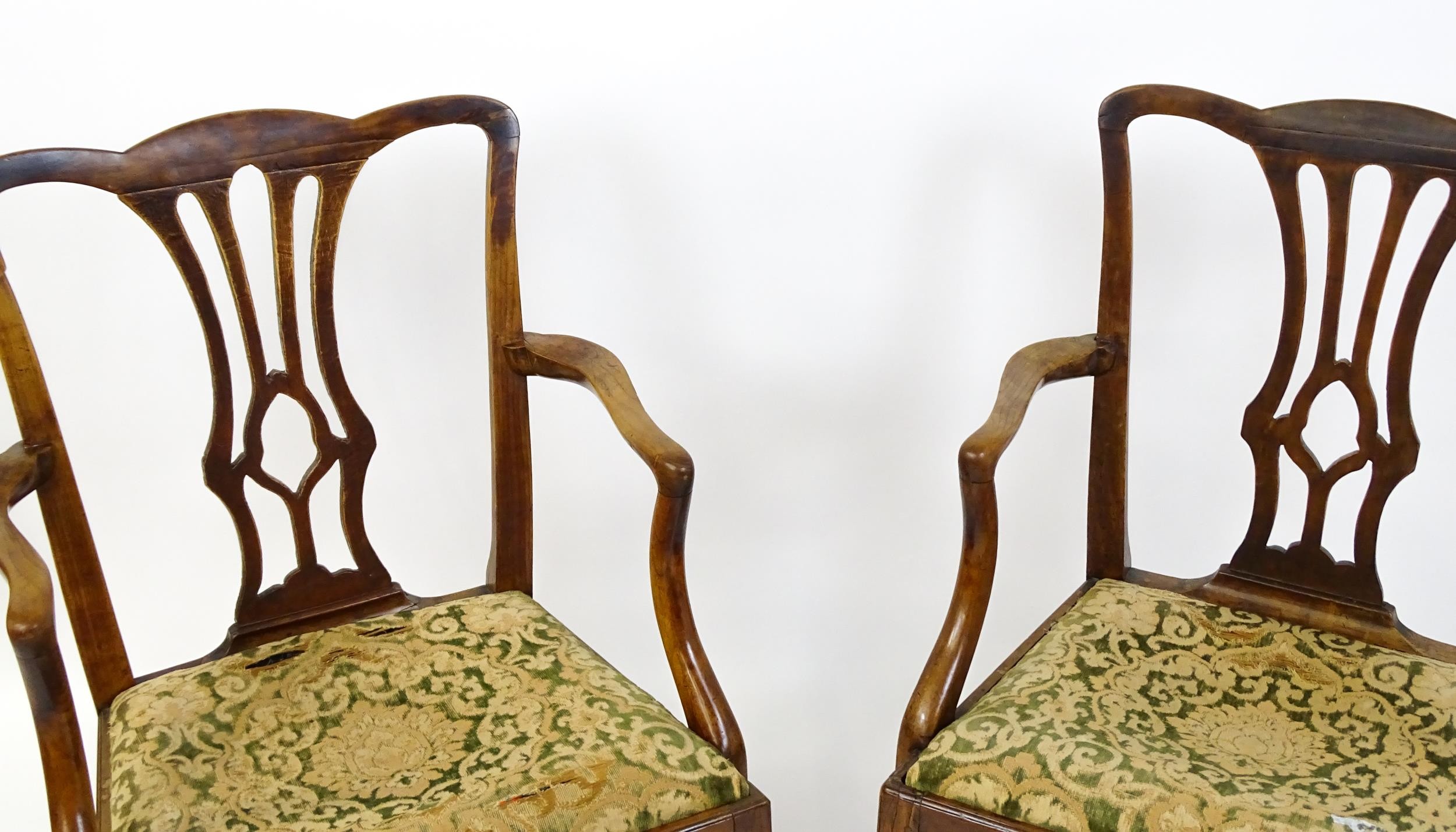 A pair of late 18thC fruitwood elbow chairs with Chippendale back splats, swept arms, drop in - Image 2 of 6