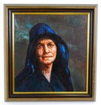 Andrew Vicari (1932-2016), Oil on board, Mourning Woman. A portrait of a cloaked lady. Signed