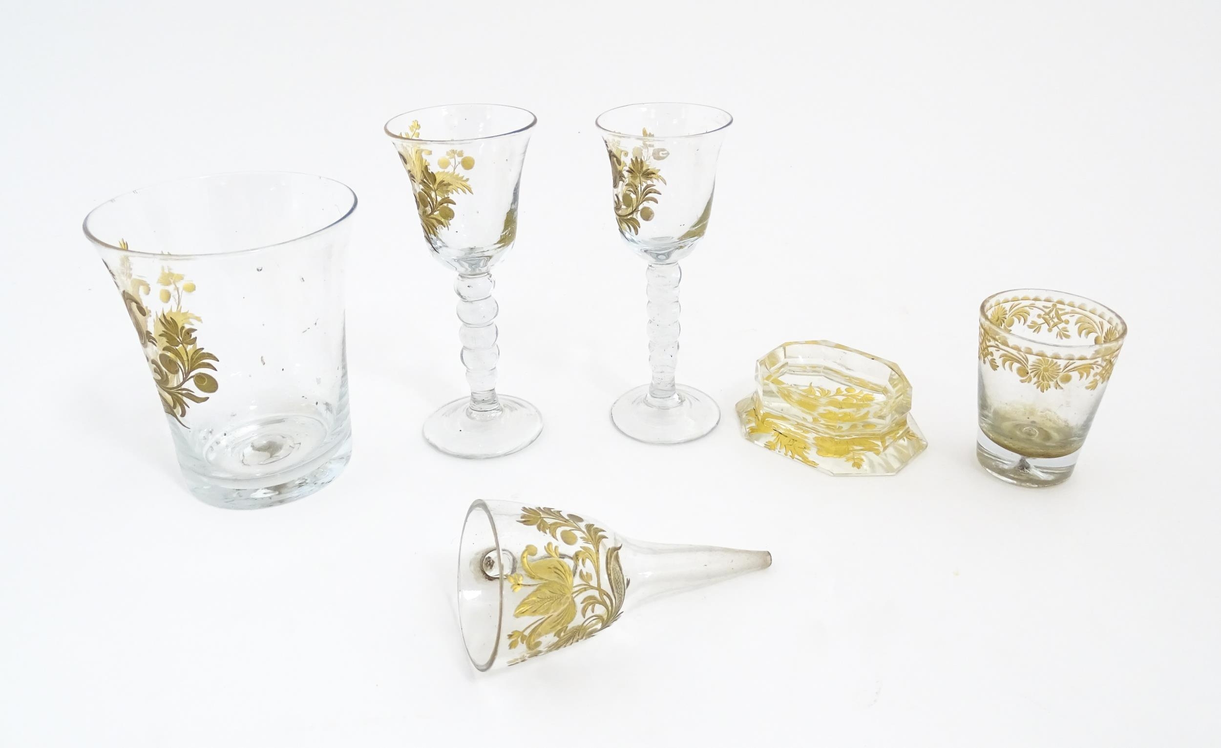 18thC glass to include 18thC wine glasses, beakers, funnel, etc. with engraved gilt foliate and - Image 10 of 11