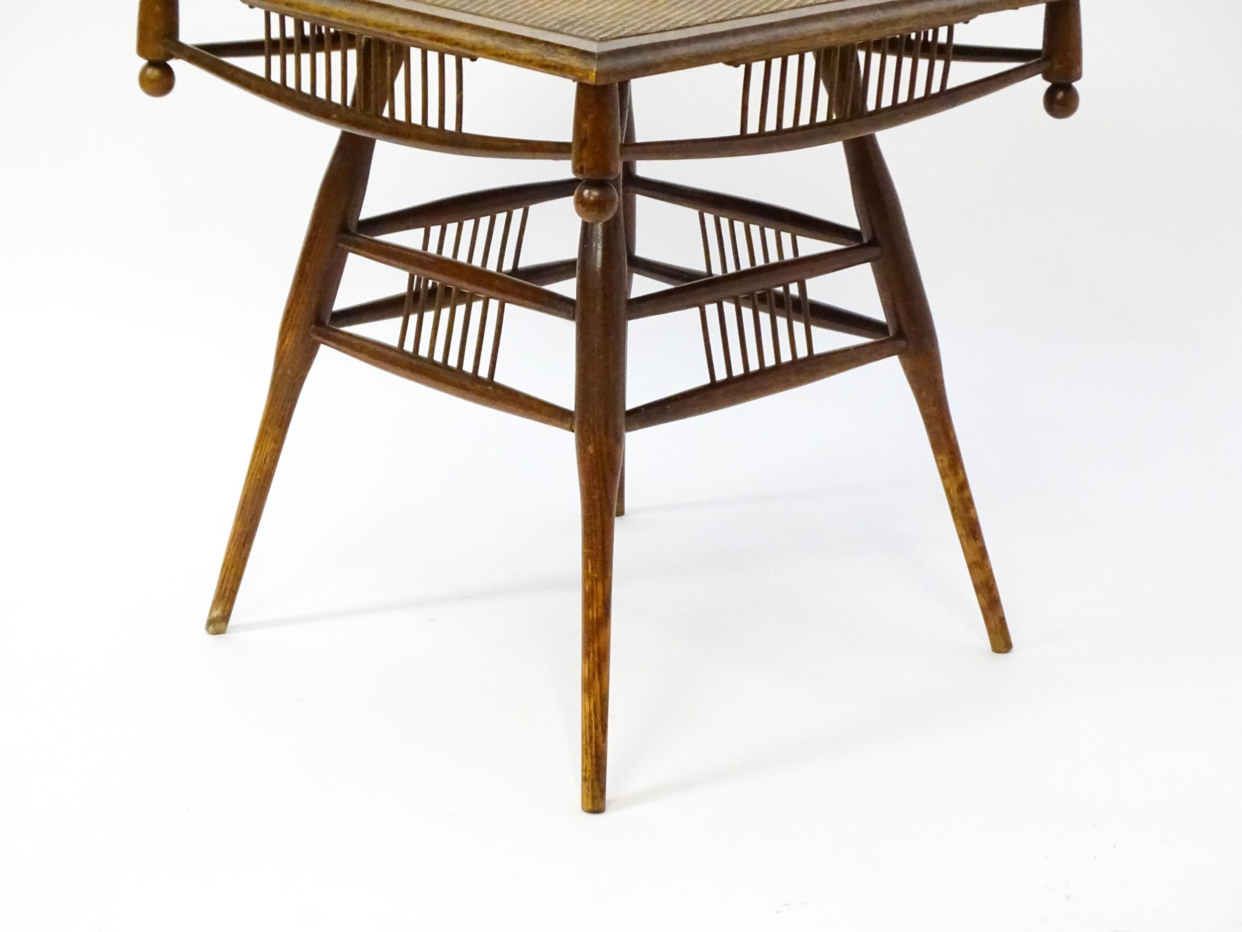 An unusual late 19thC Arts & Crafts table with a rattan inlaid moulded top above three tiers of - Bild 4 aus 10