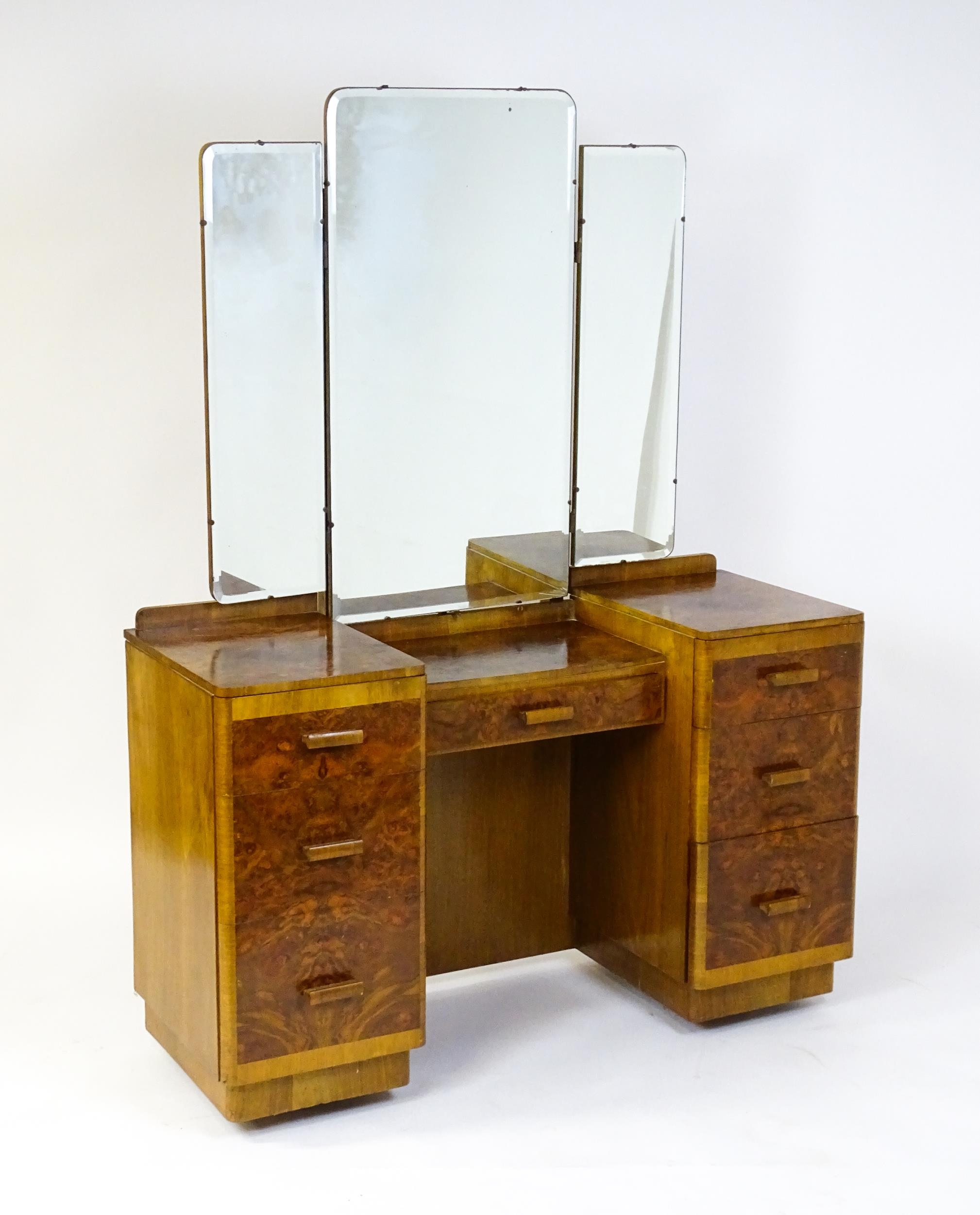 A mid 20thC Art Deco style burr walnut veneered dressing table with a triptych mirror above a - Image 3 of 9