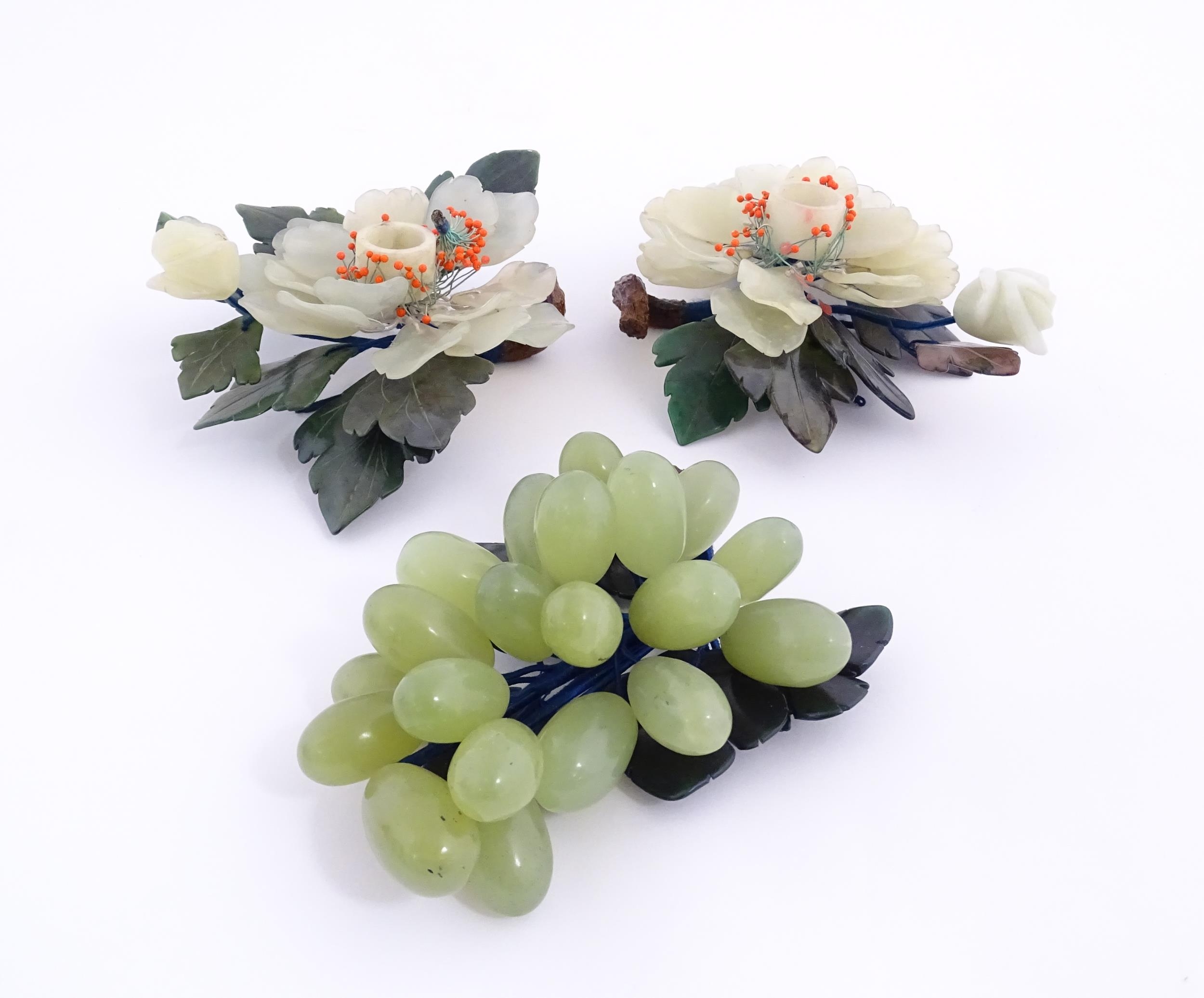 Two Chinese hardstone flower groups with bead detail. Together with a hardstone model of a bunch - Image 3 of 15