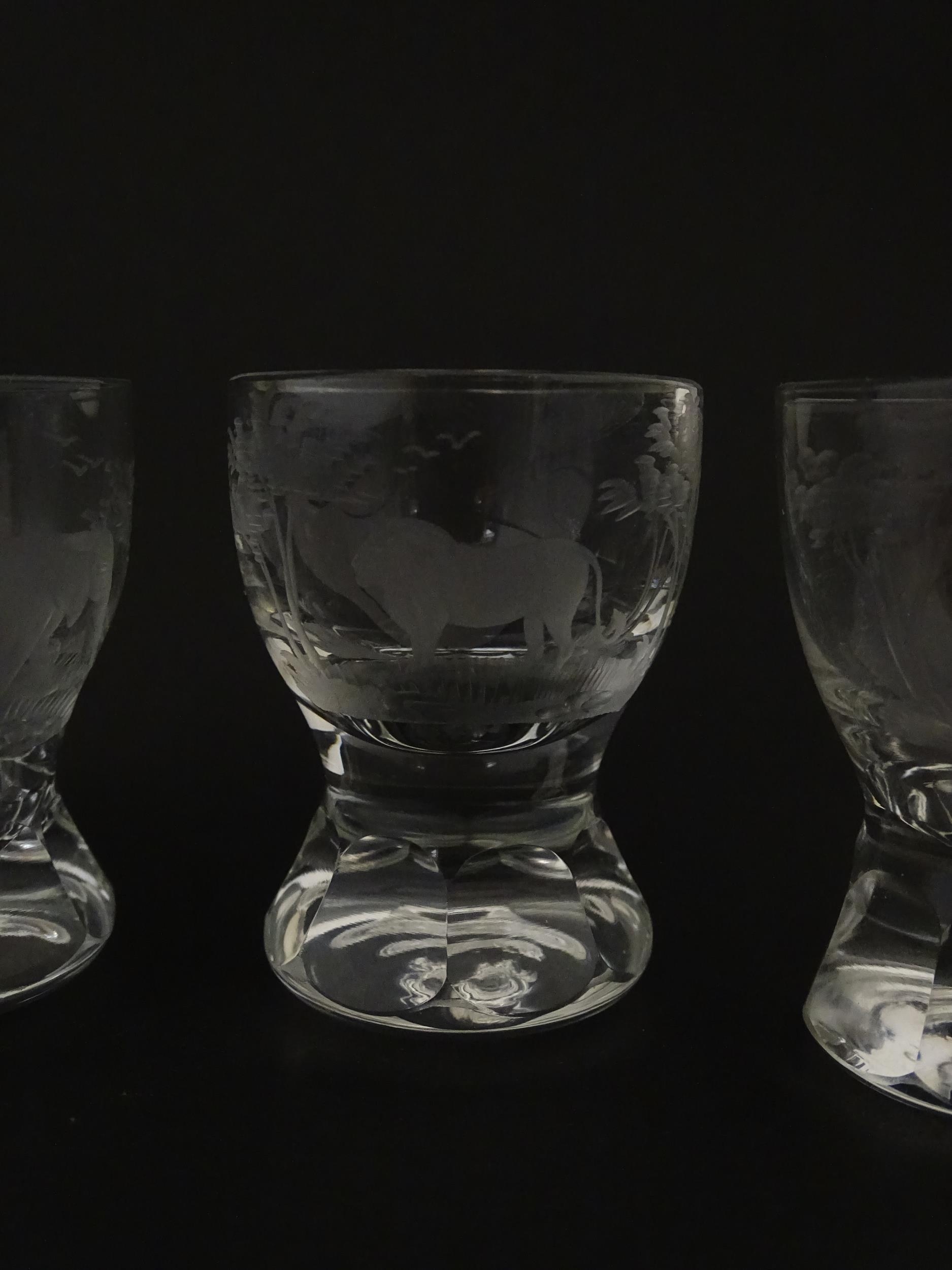 Rowland Ward sherry / liquor glasses with engraved Safari animal detail. Unsigned. Largest approx. - Image 25 of 26