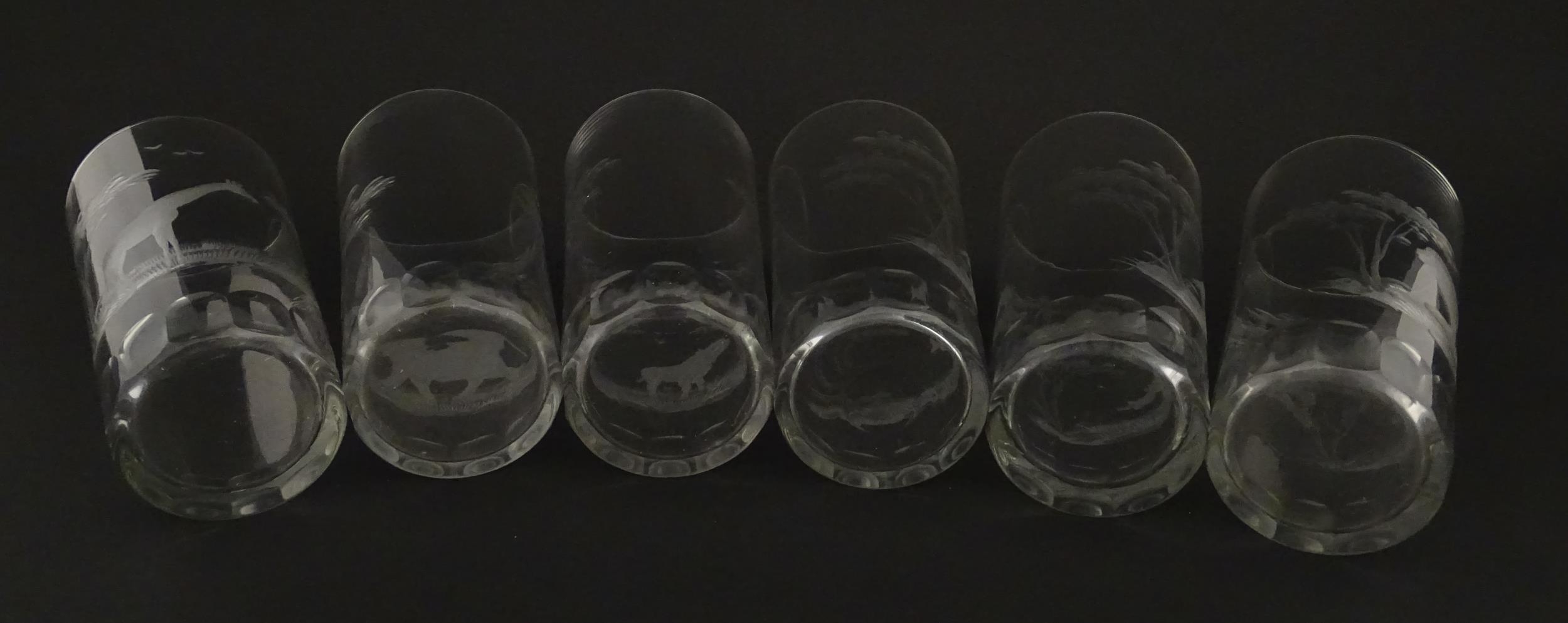 Six Rowland Ward highball glasses with engraved Safari animal detail. Unsigned. Approx. 5 1/2" - Image 17 of 17
