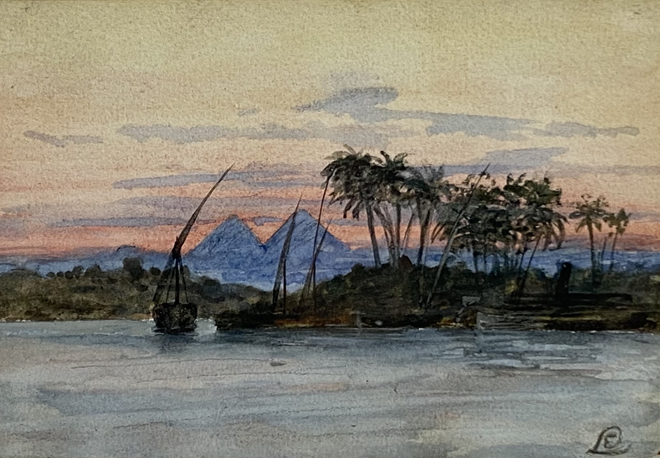 19th century, Watercolour, A view of the River Nile in Egypt with pyramids beyond fishing boats / - Image 2 of 4