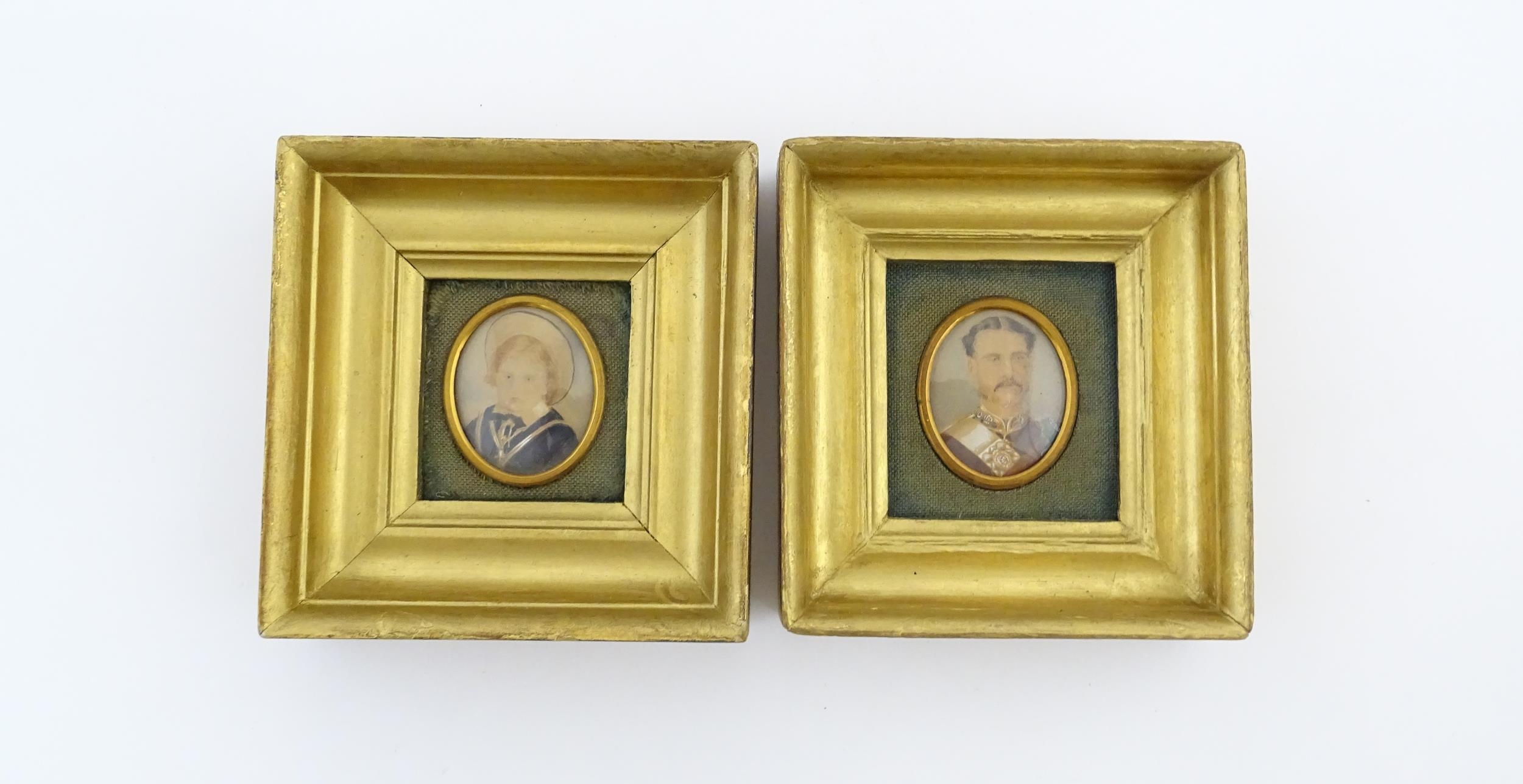 Two 19thC watercolour portrait miniatures, one depicting a gentleman wearing military dress, the - Image 6 of 14