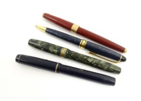 Three fountain pens, comprising a Conway Stewart '58' with green ribboned finish and 14kt gold