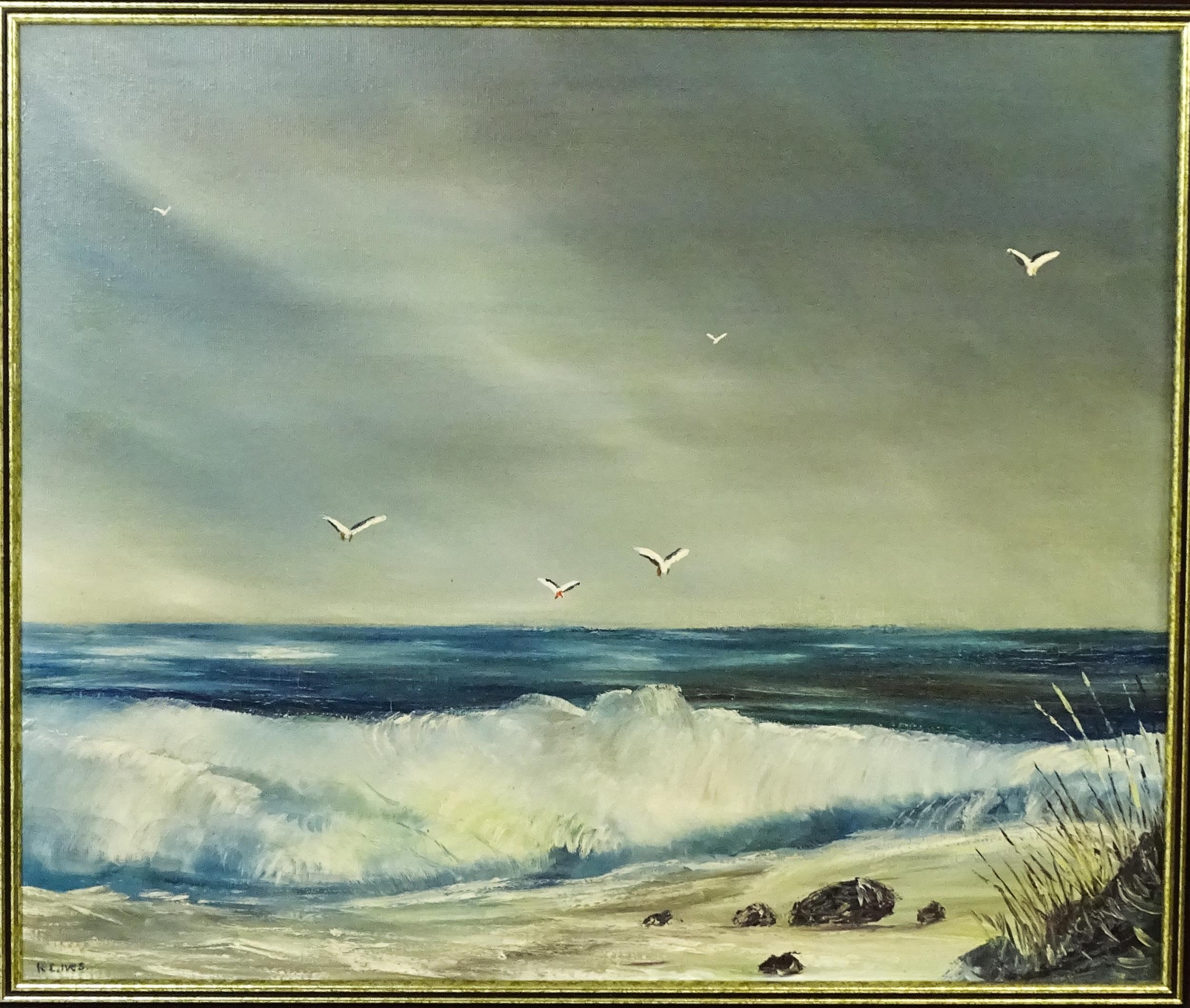 R. C. Ives, 20th century, Oil on canvas, A seascape with crashing waves and gulls in flight. - Image 3 of 4
