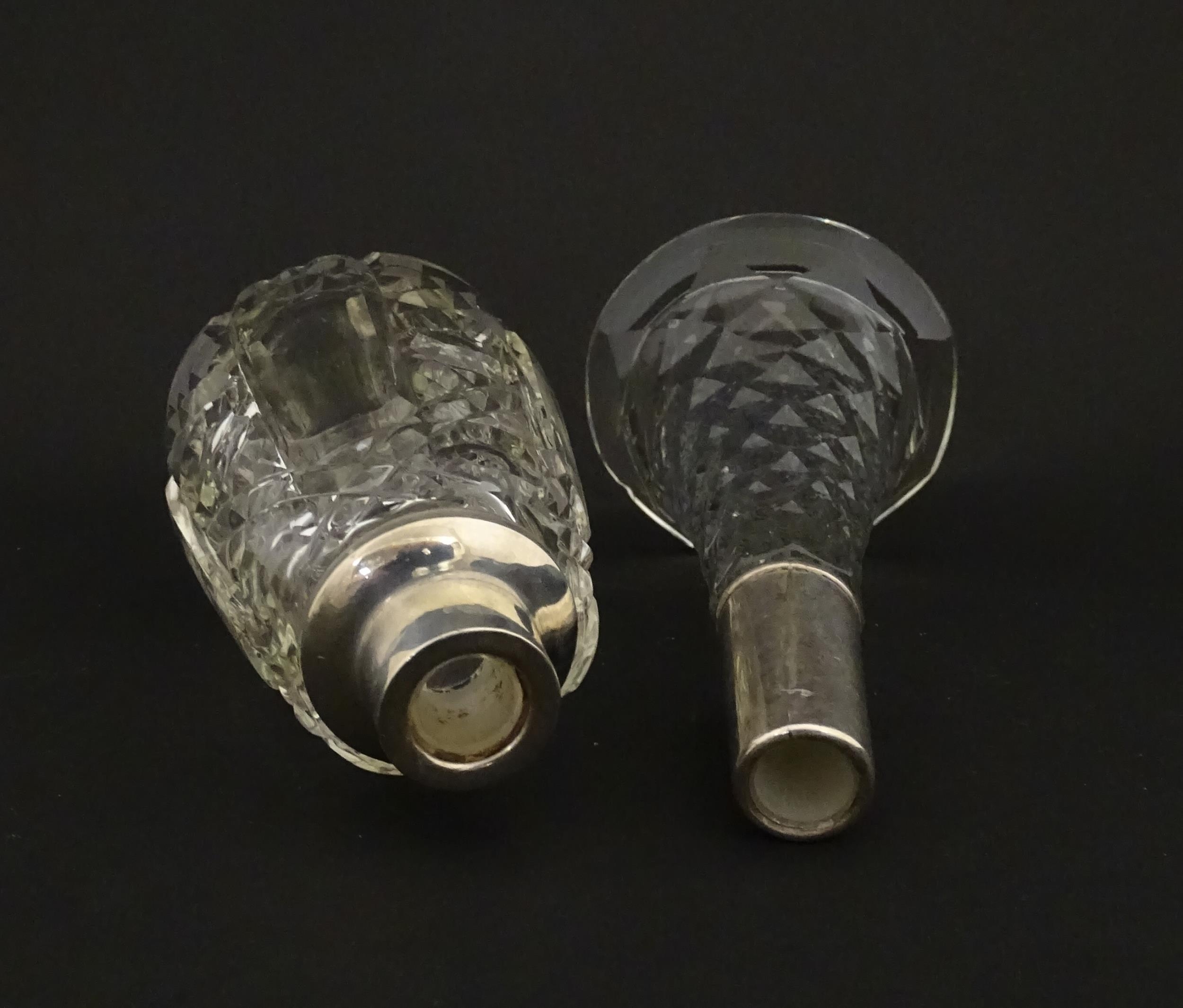 Two cut glass scent / perfume bottles with silver mounts, one hallmarked Birmingham 1921, maker A - Image 14 of 15