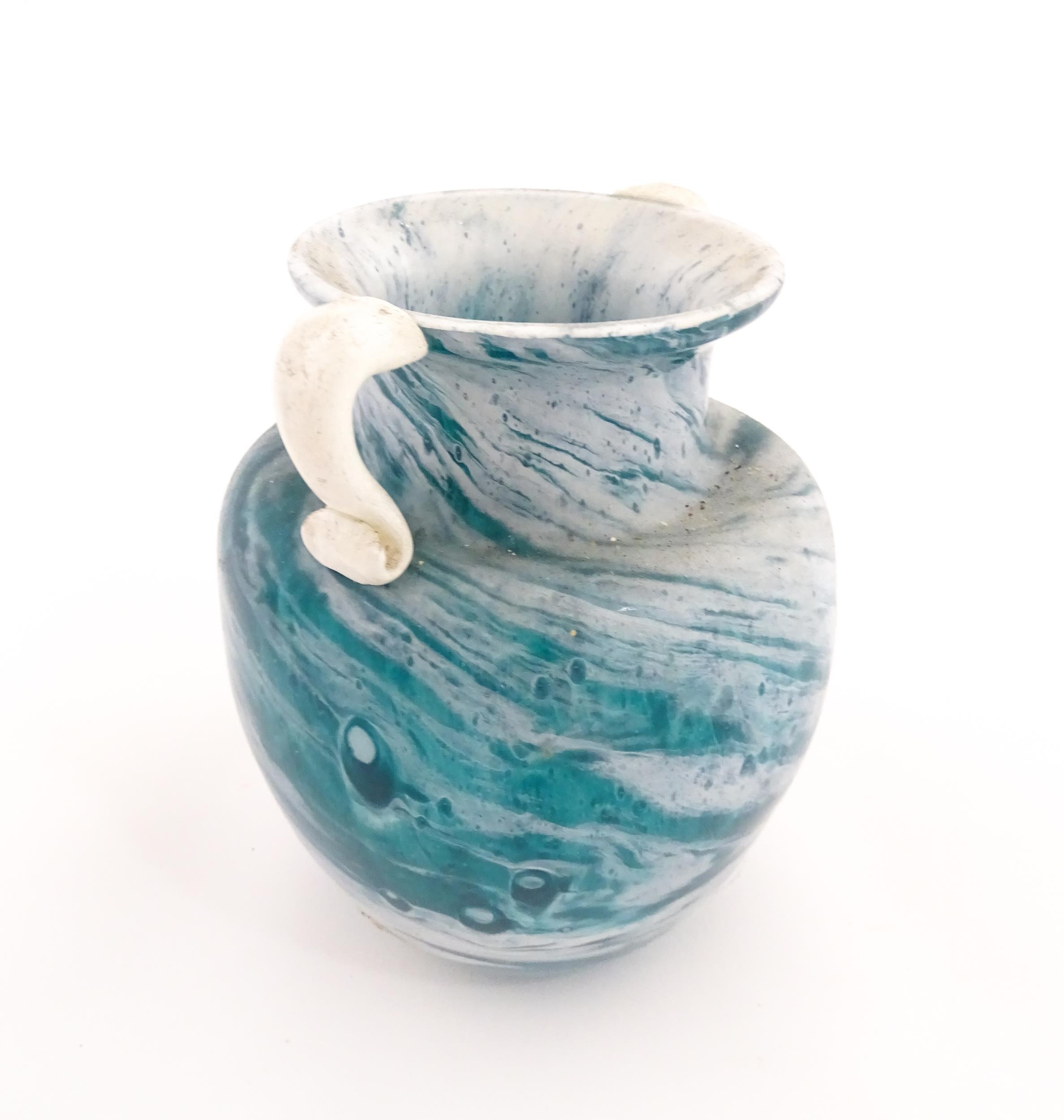 An Isle of Scilly blue glass vase with twin handles and white mottled swirl detail, signed D. Lang - Image 3 of 6