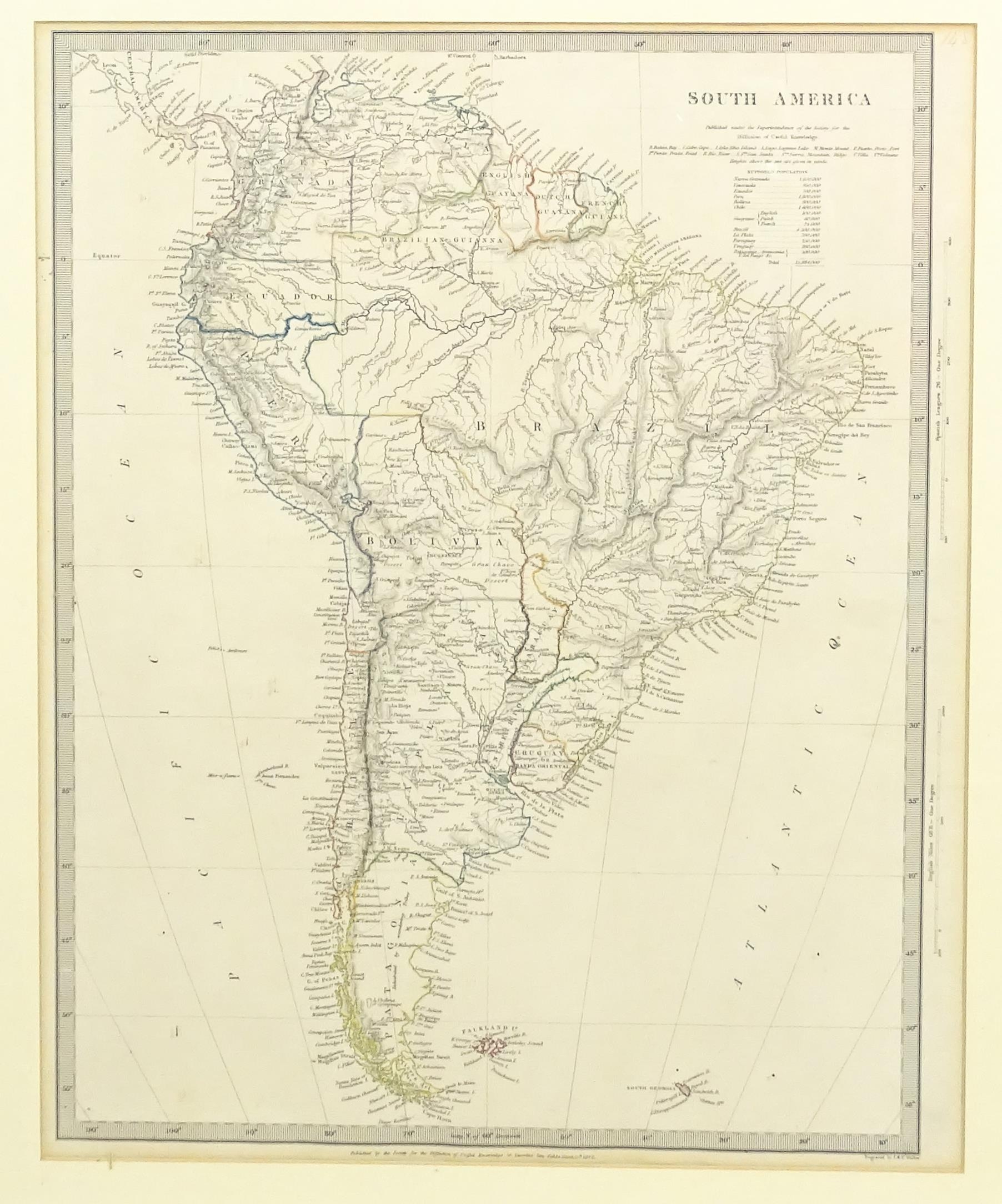 Map: A 19thC engraved and hand coloured map of South America. Published by the Society for the - Image 3 of 4