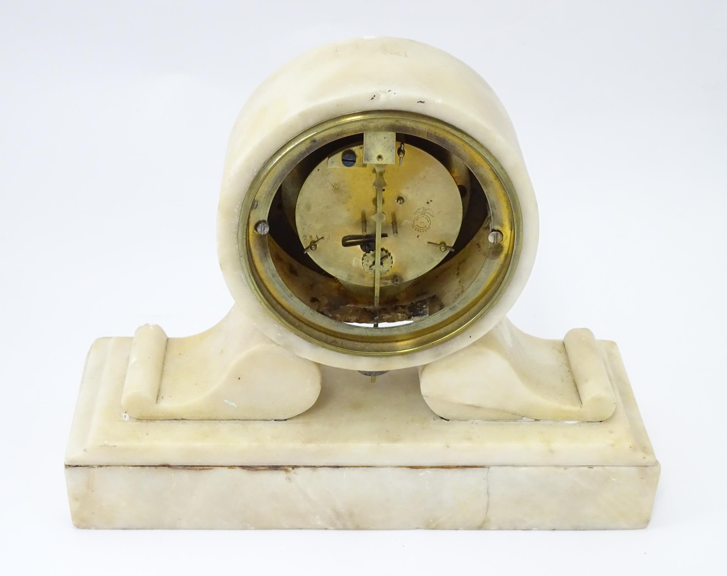 A 19thC French alabaster drum head clock by Farcot, Paris, with Roman chapter ring and visible - Image 7 of 7