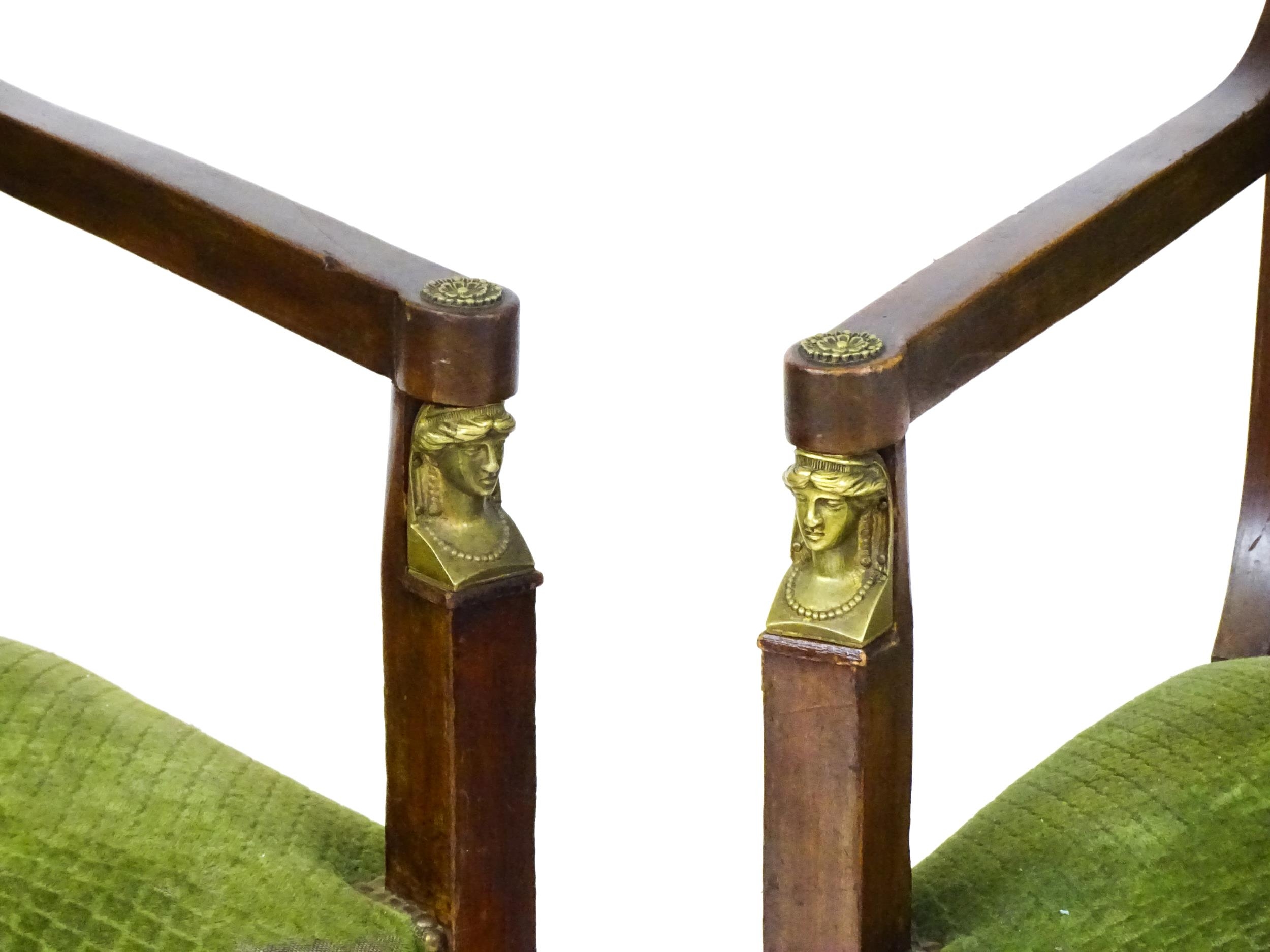 A pair of 19thC Empire armchair with brass neo classical style mounts including lozenges, masks - Image 3 of 10