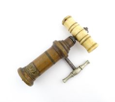 A 19thC Thomason type King's pattern corkscrew with brass barrel, bone handle and steel side handle.