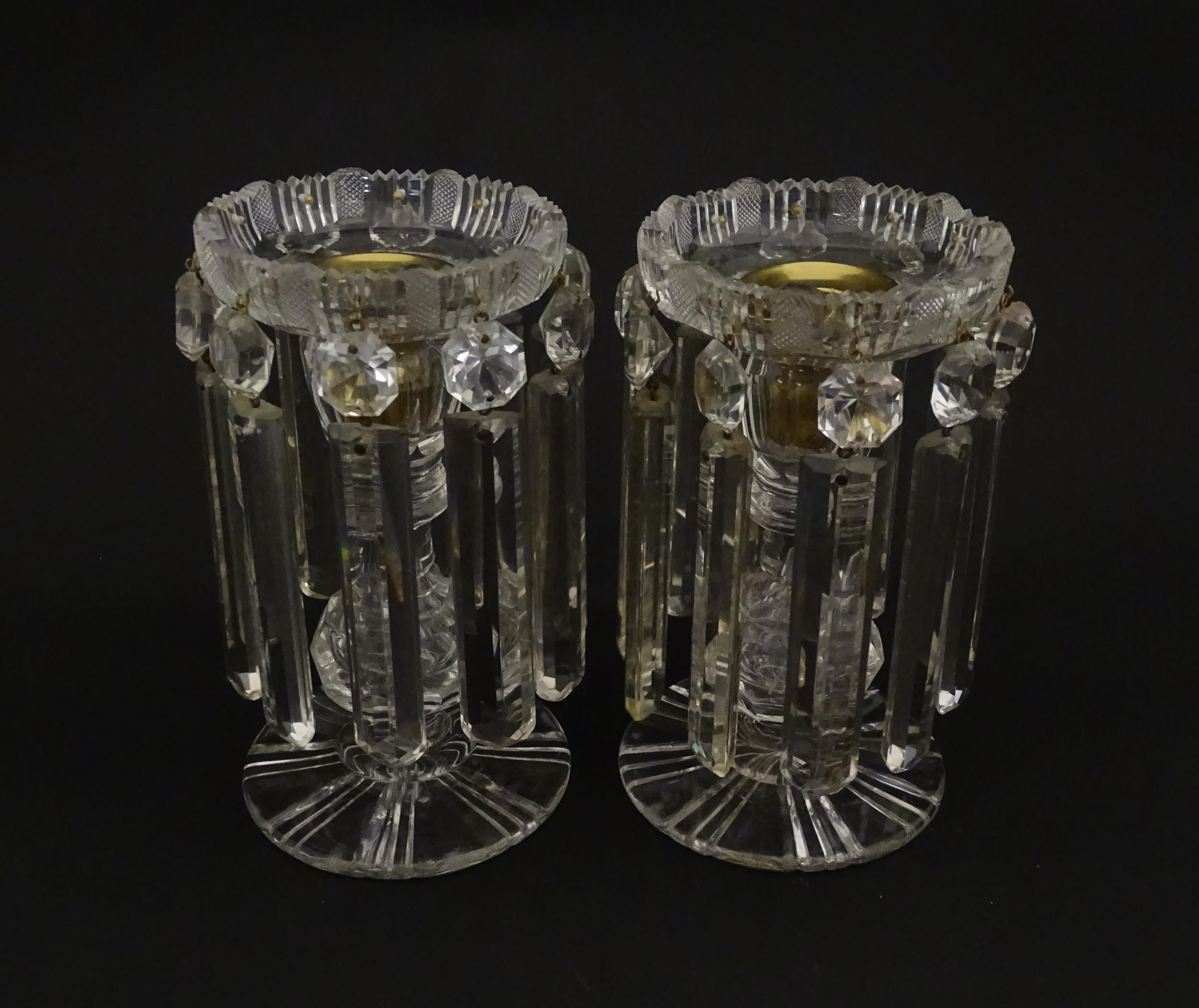 A pair of 20thC cut glass table lustres / candle stands. Approx. 7" high (2) Please Note - we do not - Image 3 of 8