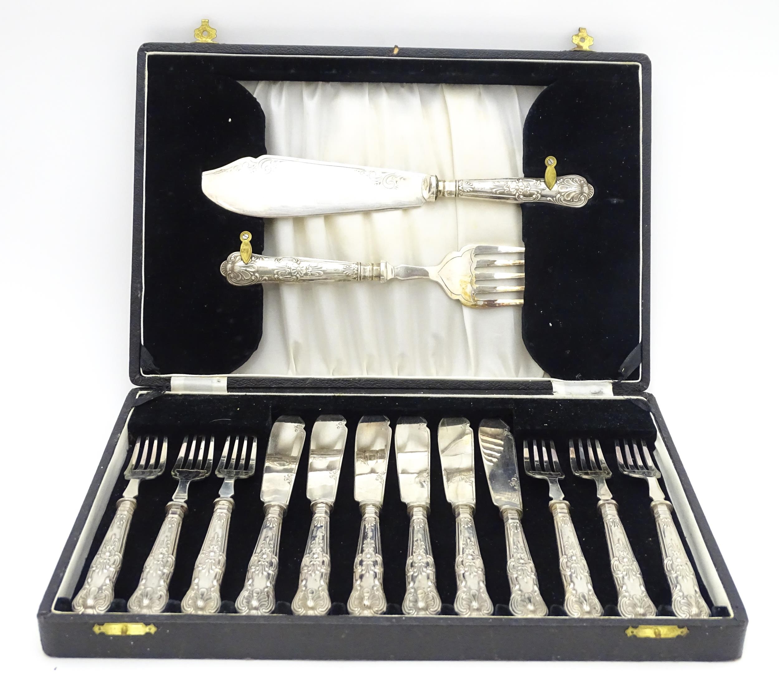 A cased set of six silver handled fish knives and forks with fish servers hallmarked Sheffield 1938, - Image 3 of 12