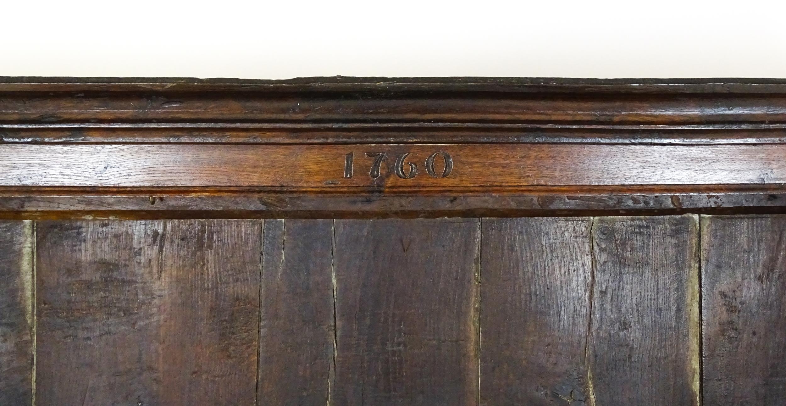 A mid 18thC oak dresser with a moulded cornice above three graduated shelves flanked by panelled - Image 6 of 9