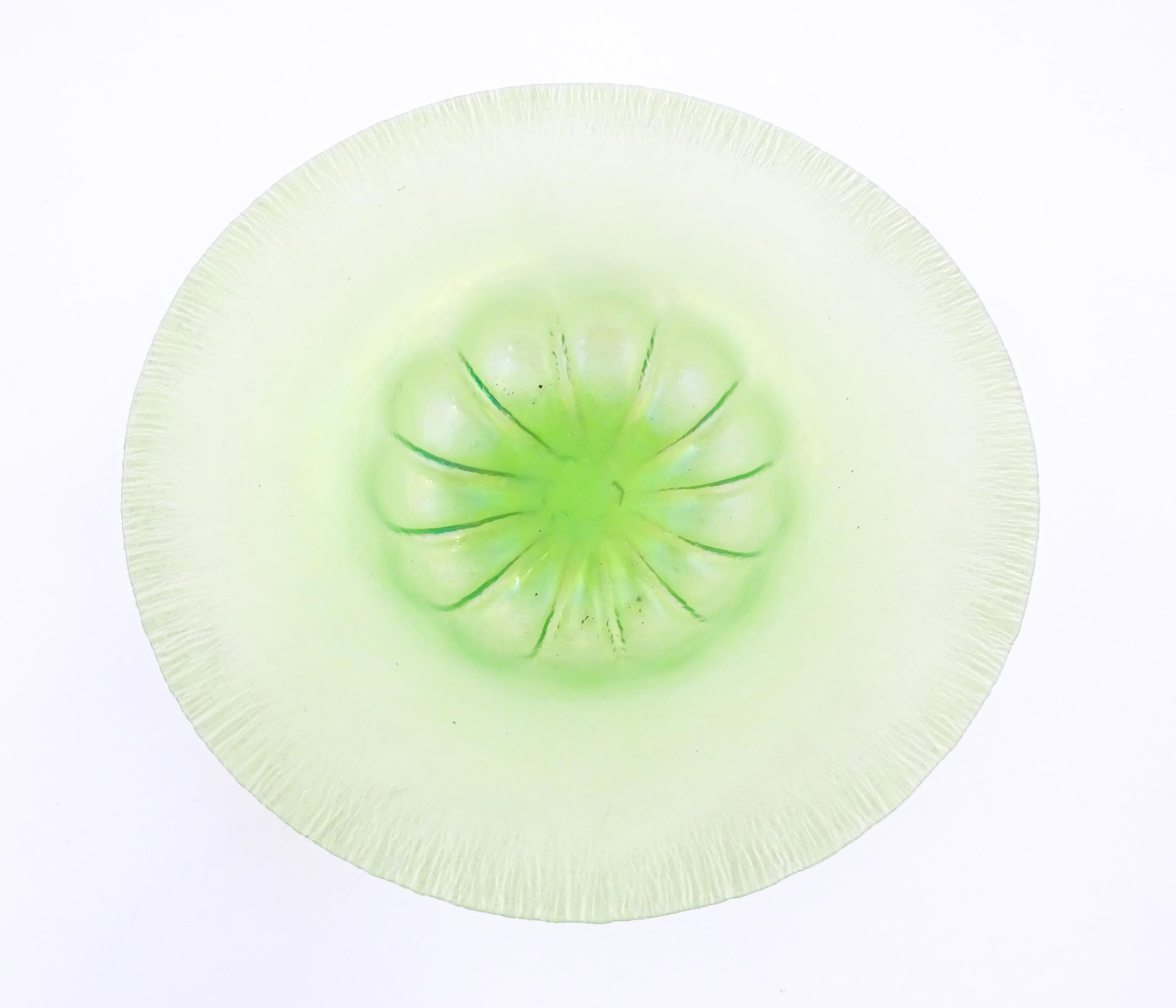 A pale green lustre glass bowl with lobed centre and textured rim. Approx. 12 1/2" diameter Please - Image 6 of 7