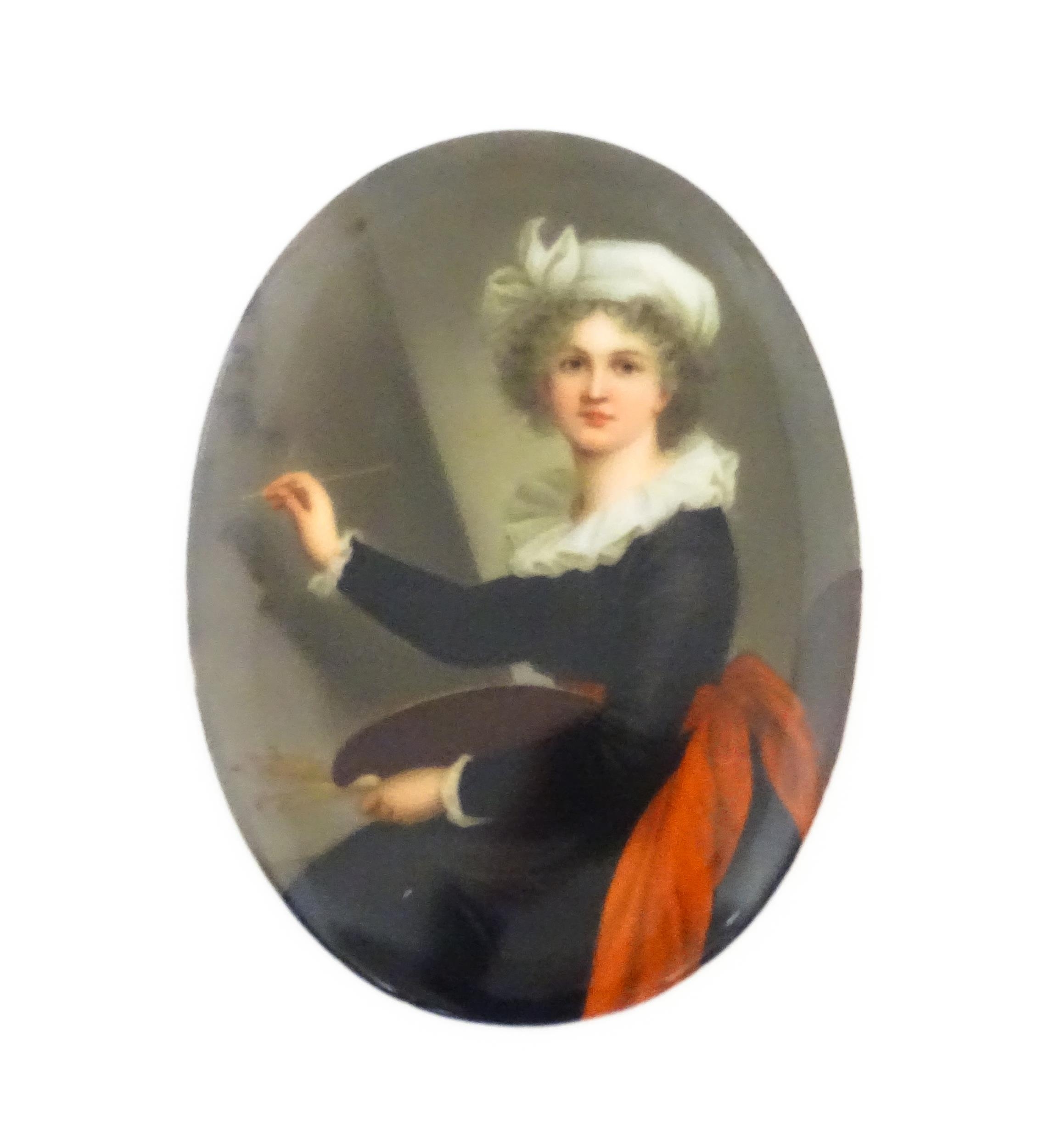 A 20thC Italian watercolour on porcelain oval plaque depicting Marie Elizabeth Louise Vigee Le