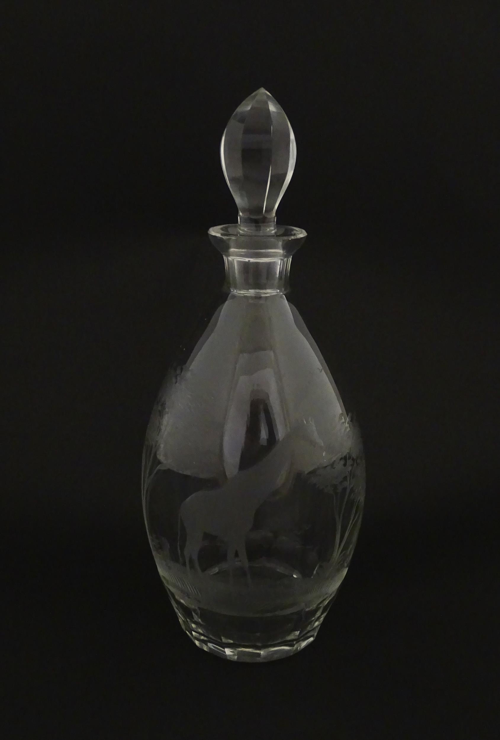 A Rowland Ward glass decanter with engraved Safari animal detail. Unsigned Approx. 11 1/4" high - Image 3 of 10