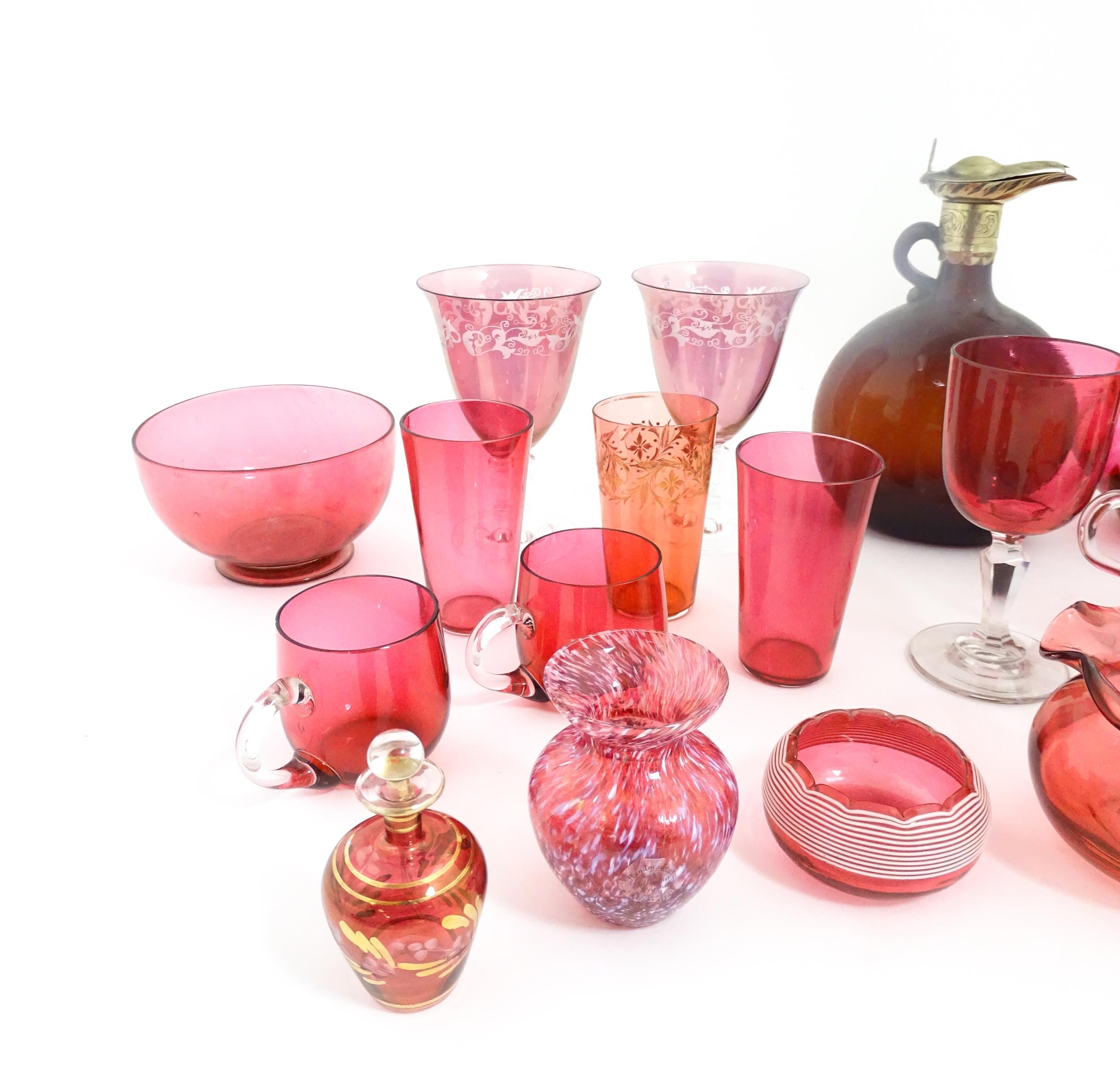 A quantity of Victorian and later assorted glassware to include cranberry glass beakers, drinking - Image 8 of 14