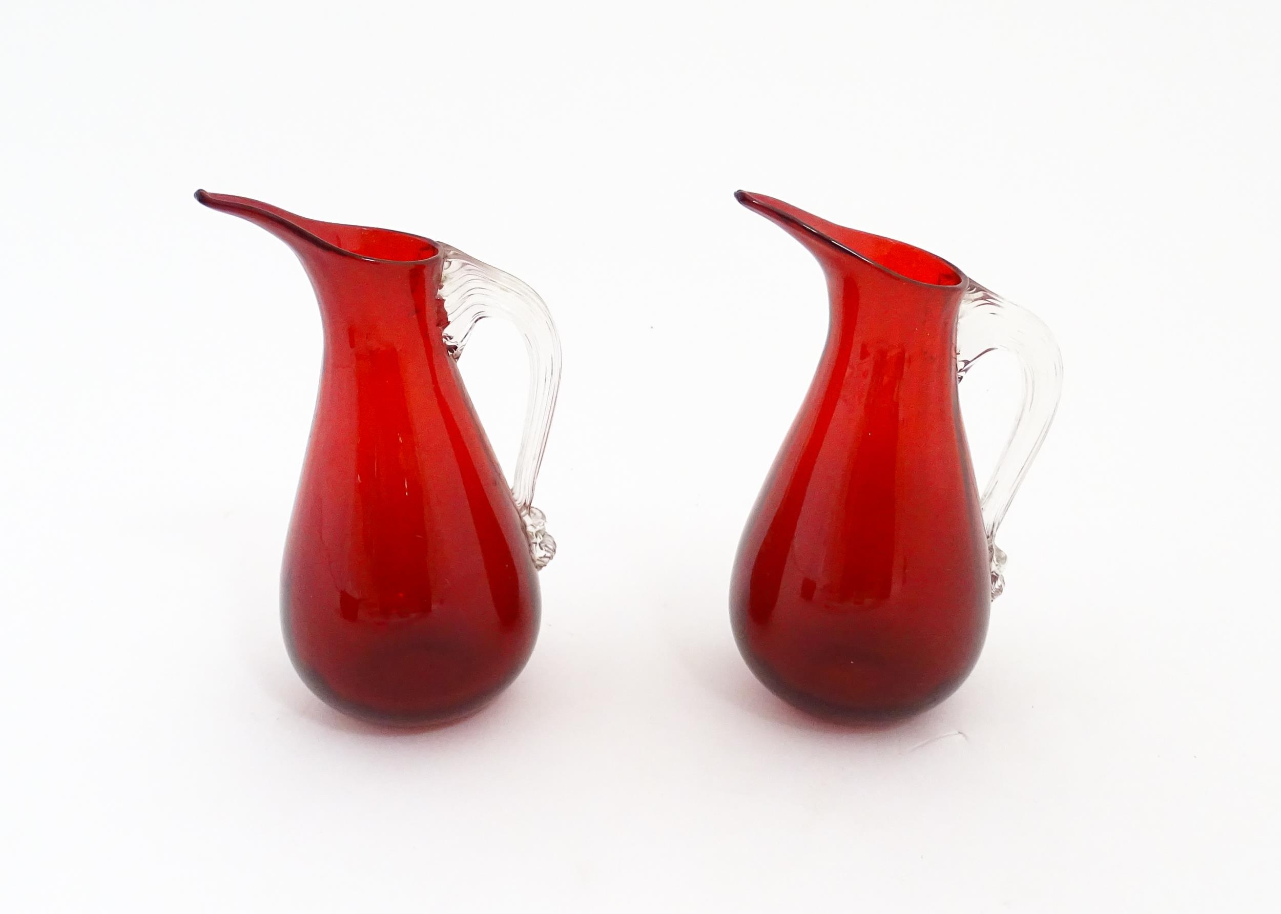 Two Whitefriars ruby glass jugs. Together with a studio glass bowl with controlled bubble detail . - Image 3 of 14