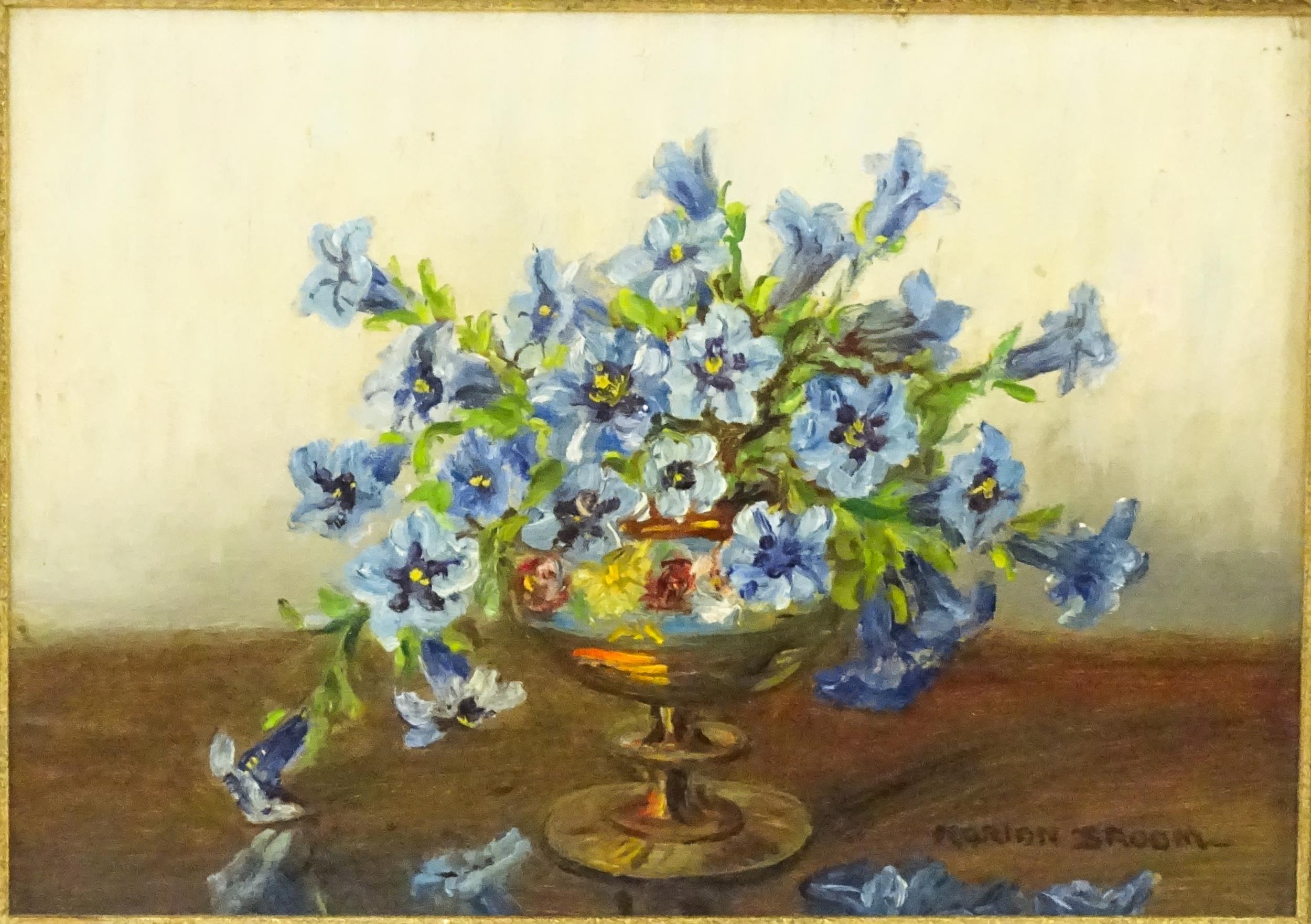 Marion Broom (1878-1962), Oil on board, A still life study of blue gentian flowers in a pedestal - Image 3 of 4