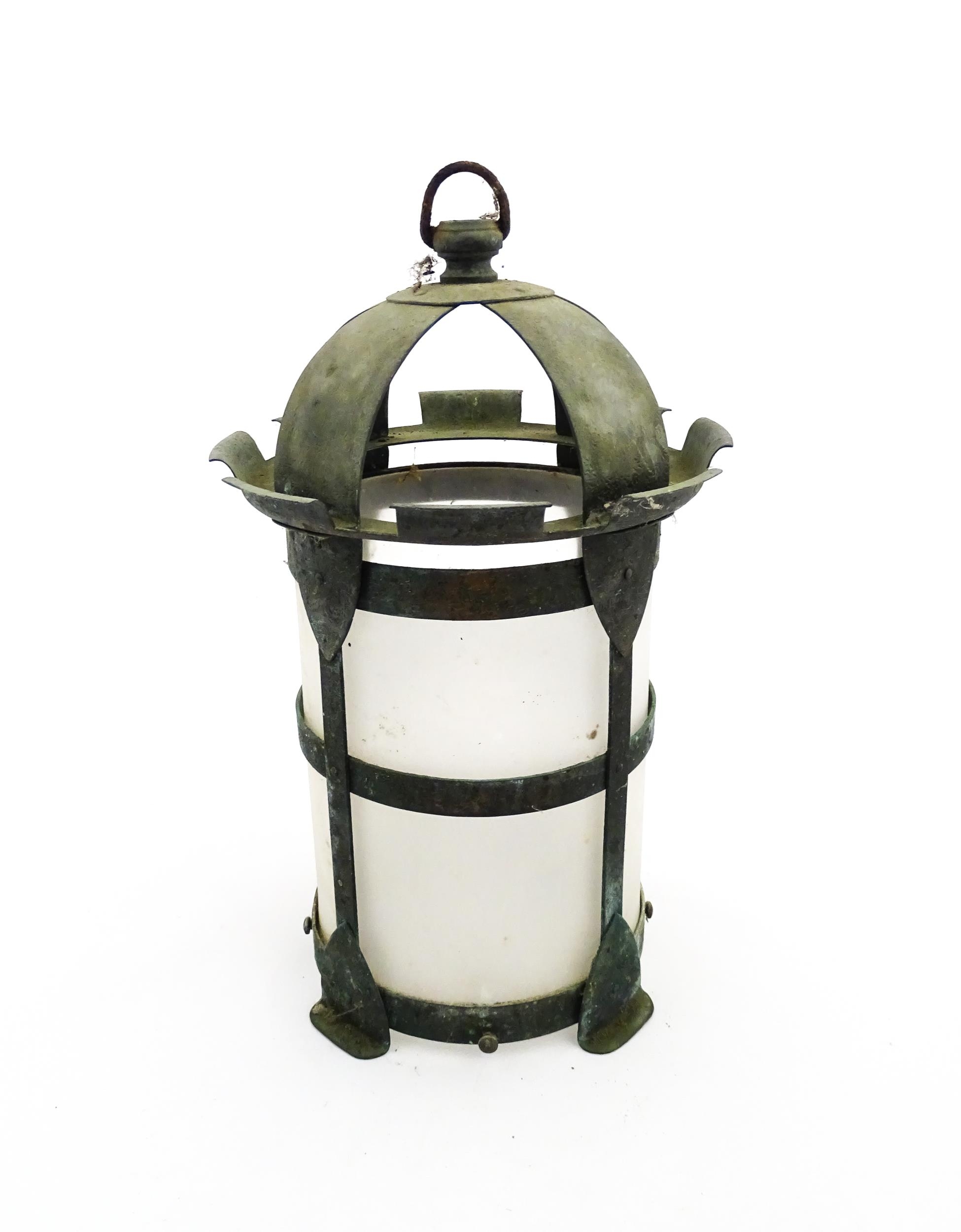 An Arts & Crafts style copper lantern with frosted glass shade. Approx. 14 1/4" high Please Note - - Image 4 of 5