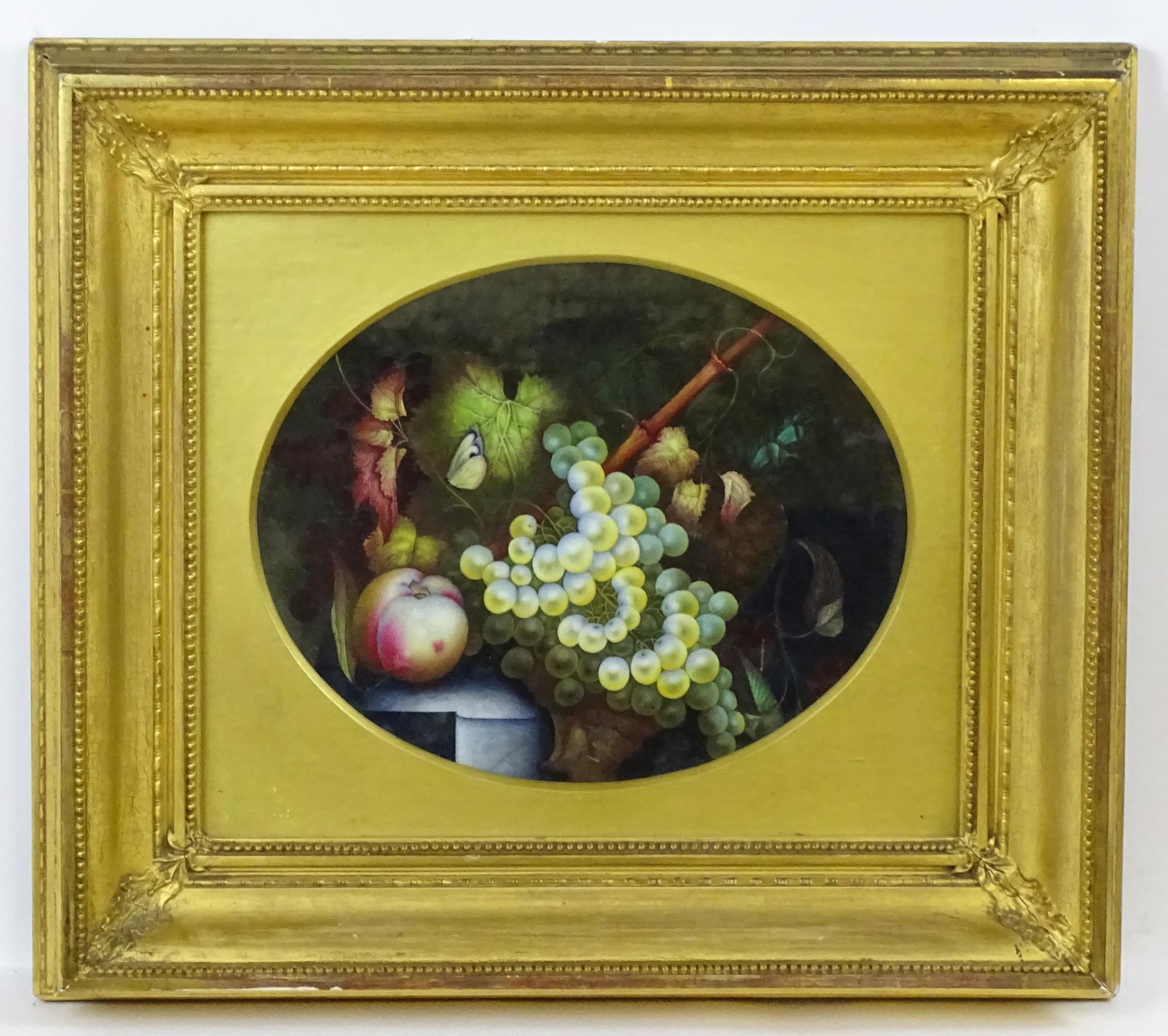 Early 20th century, Oil on porcelain, A still life study with peach, pineapple, grapes, vine