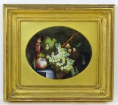 Early 20th century, Oil on porcelain, A still life study with peach, pineapple, grapes, vine