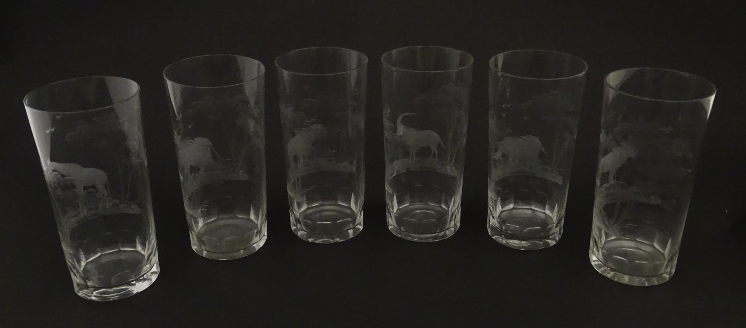 Six Rowland Ward highball glasses with engraved Safari animal detail. Unsigned. Approx. 5 1/2" - Image 4 of 17